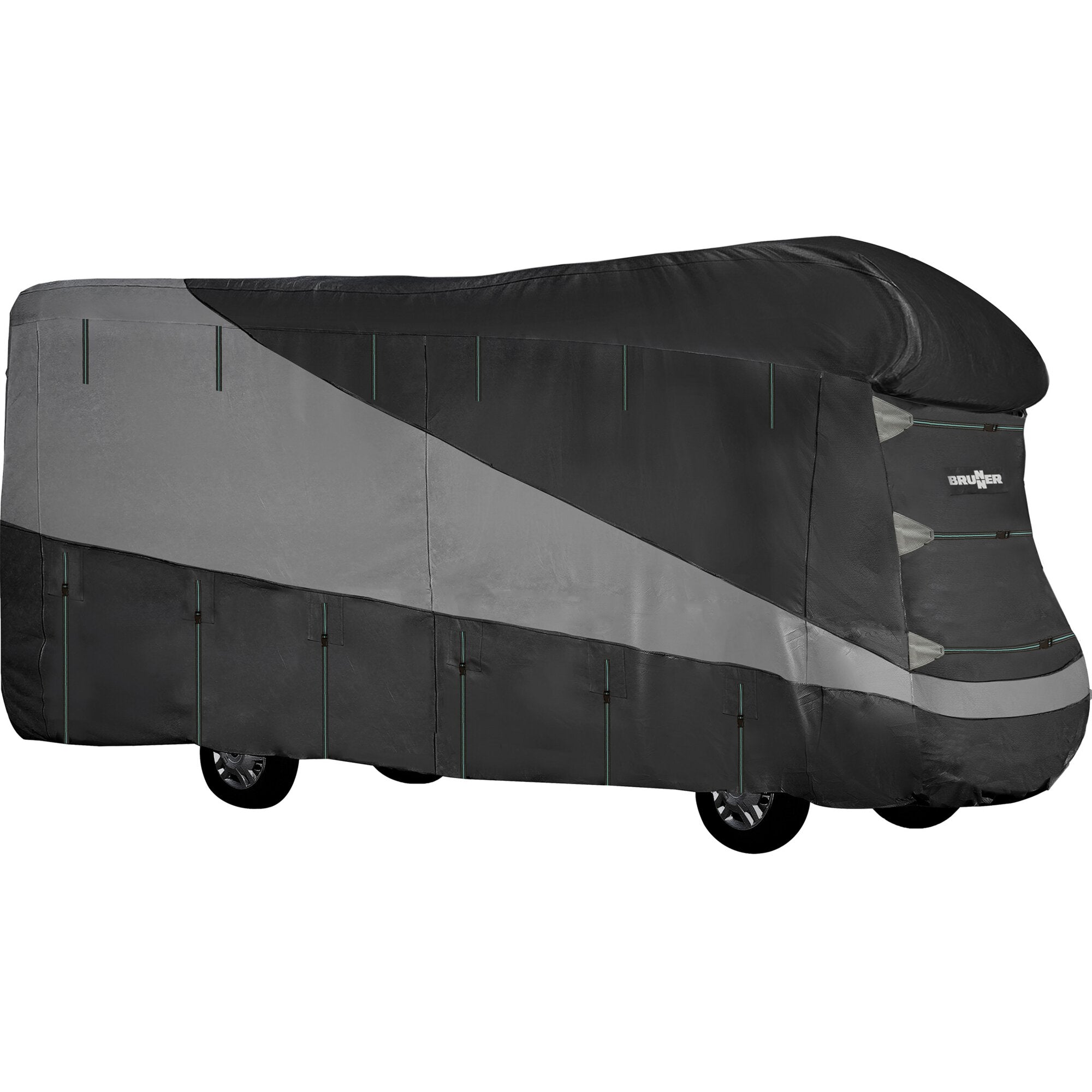 Seitenansicht eines Reisemobils unter einer schwarzen Schutzhülle mit tealfarbenen Nähten, Reißverschlüssen und Brunner-Logo, Räder unten sichtbar