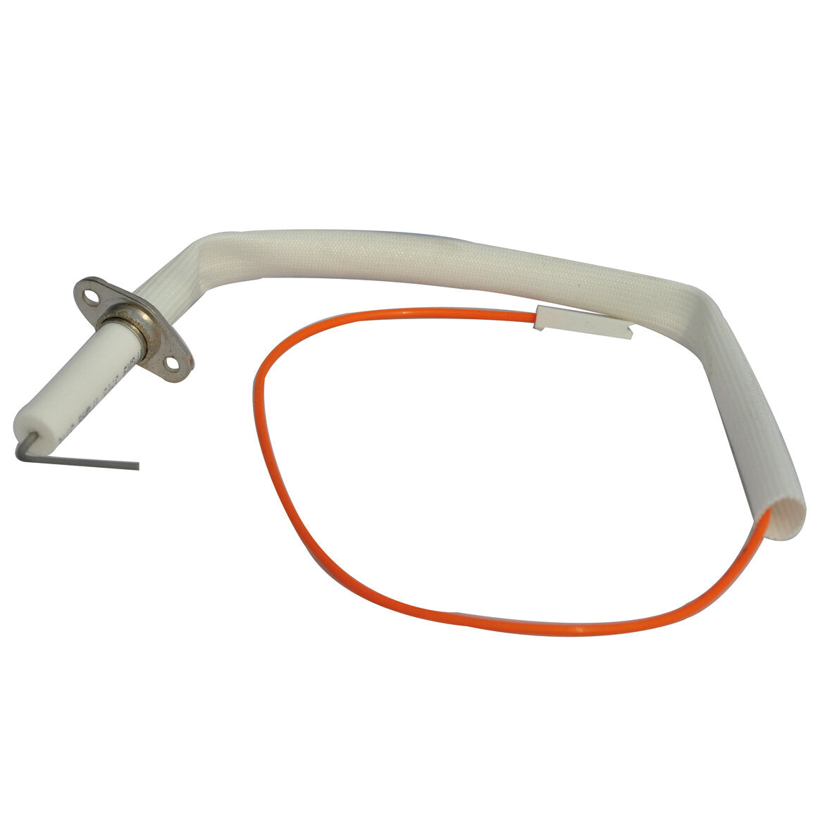 Zündkerze mit Gewinde und Metallflansch, an einer weißen flexiblen Schutzhülle befestigt; eine orange Anschlussleitung verläuft daneben