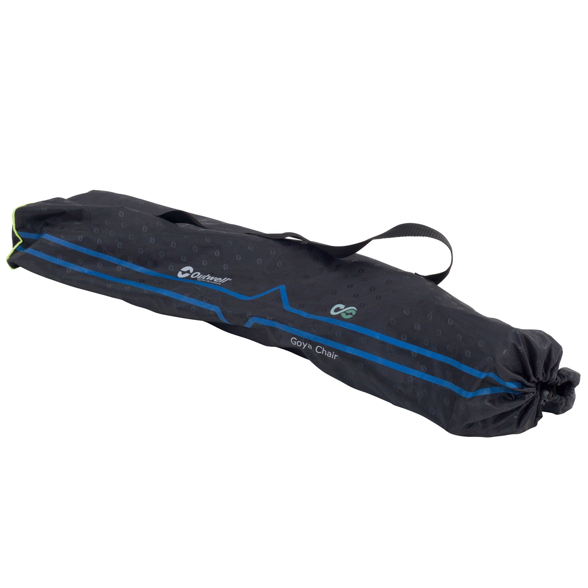 Dunkle Tragetasche für einen Faltstuhl, zusammenrollbar mit Tragegurt; blaue Linien und Muster aus Kreisen, sichtbar: Goya Chair und Outwell-Logo