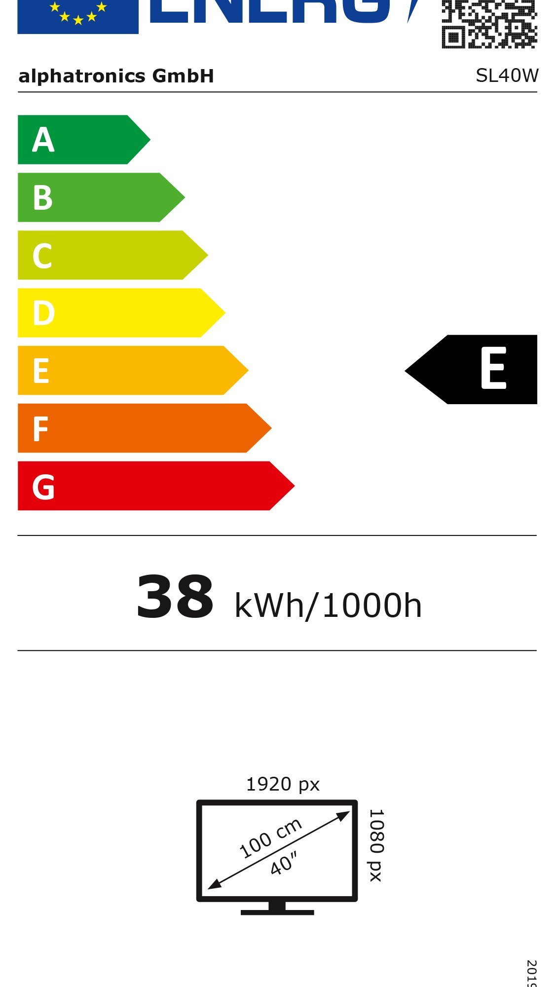 Energieeffizienz-Label für einen 40-Zoll Fernseher aus der SL-Linie von alphatronics GmbH, Farbleiste A bis G, aktueller Stand E, Verbrauch 38 kWh/1000h