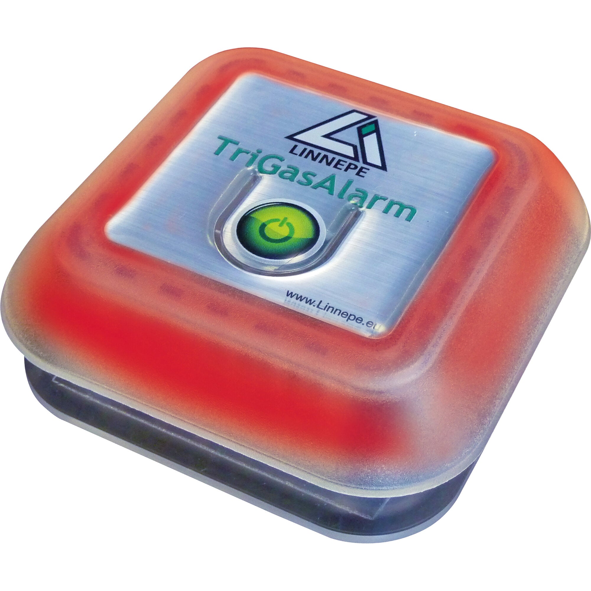 Nahaufnahme eines orangefarbenen TriGasAlarm-Gaswarngeräts mit silberner Platte, grünem Powerknopf und grüner Bezeichnung TriGasAlarm sowie Herstellerlogo
