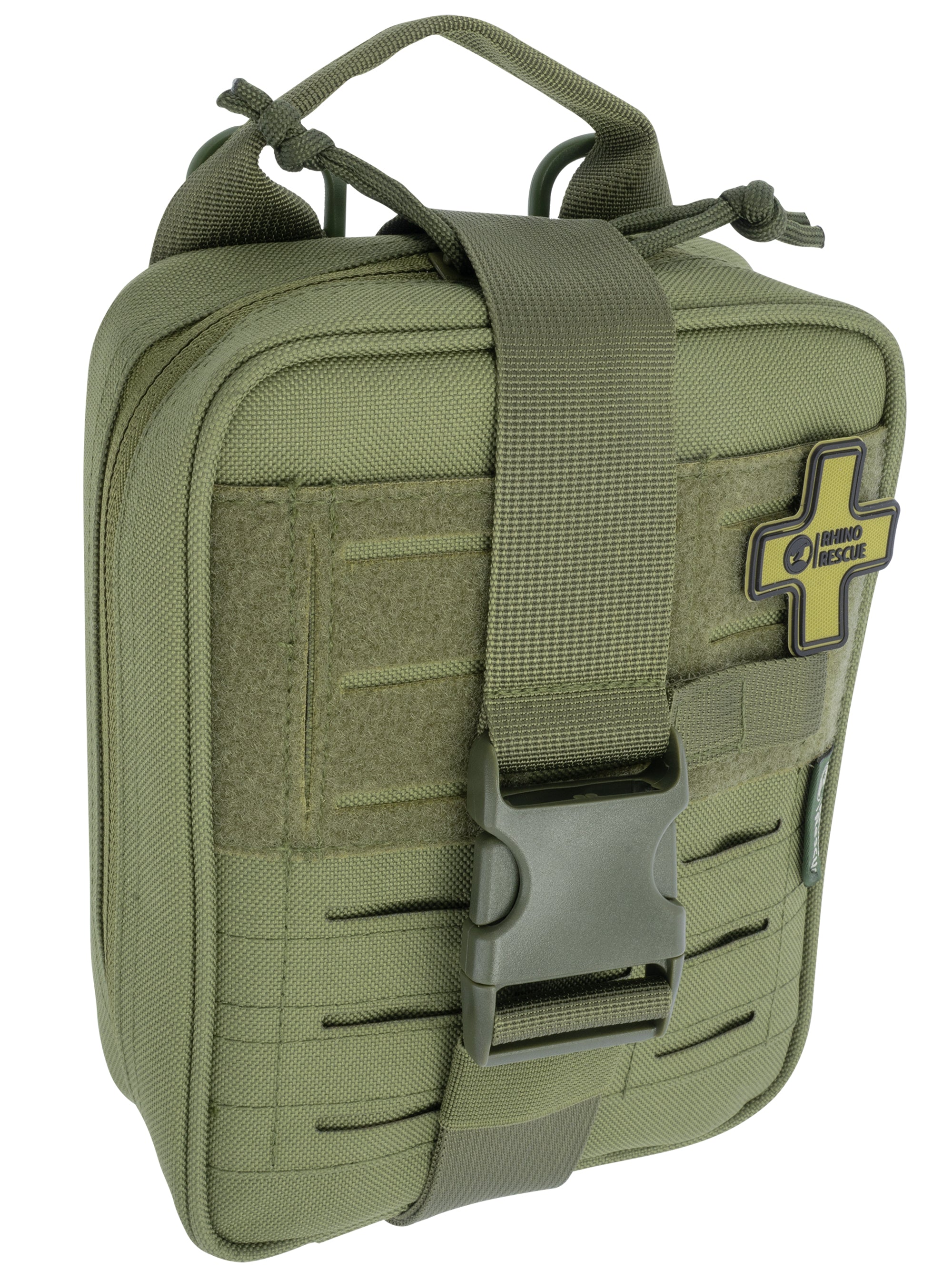 Olivgrünes kompaktes Erste-Hilfe-Set mit MOLLE-Schlaufen, Klettfläche und robuster Steckschnalle vorne.