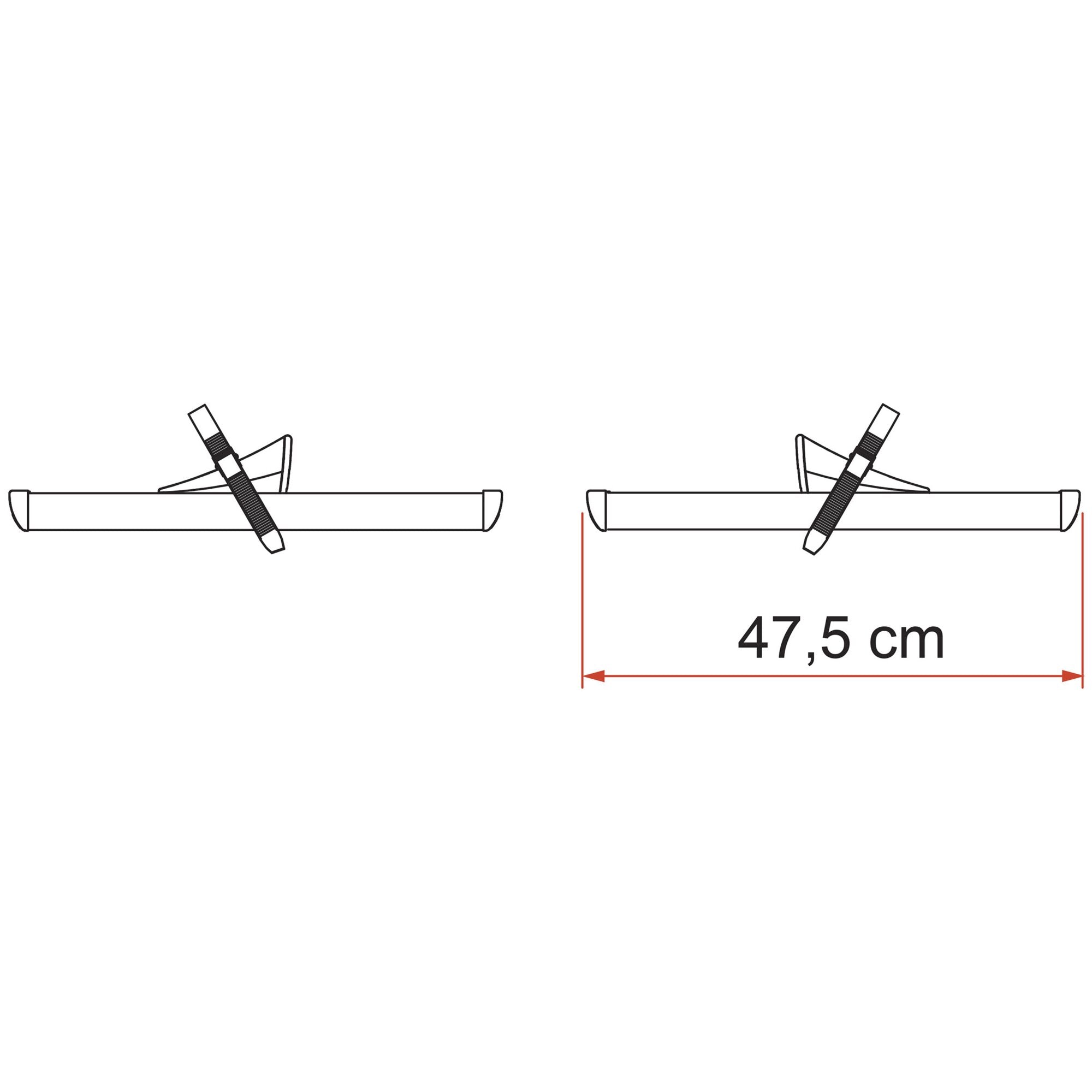 Zwei silberfarbene Fahrradschienen Rail Premium 48 liegen horizontal, mit dunklen Gurten überkreuzt, Endkappen sichtbar, Maßlinie 47,5 cm