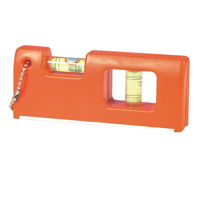 Orangene Kunststoff-Wasserwaage mit Magnet, kompakte Bauweise, zwei Sichtfenster mit Messblasen, unten flache Metallkante, Kette am linken Ende