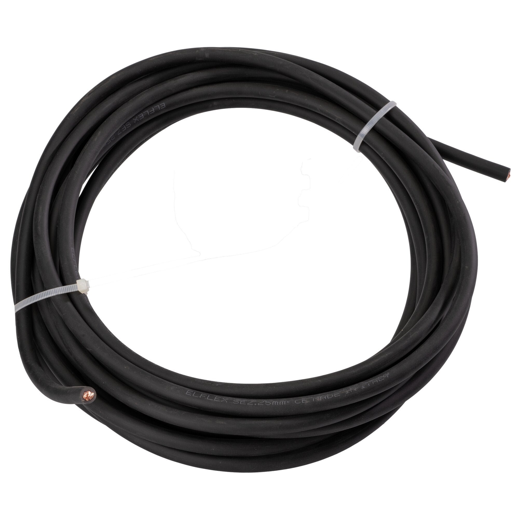 Schwarzes Kabel mit dicker Isolierung und 70 mm² Querschnitt zu einer großen Schlaufe aufgewickelt, am Rand sichtbar offenes Kupferdrahtende, durch grauen Kabelbinder fixiert