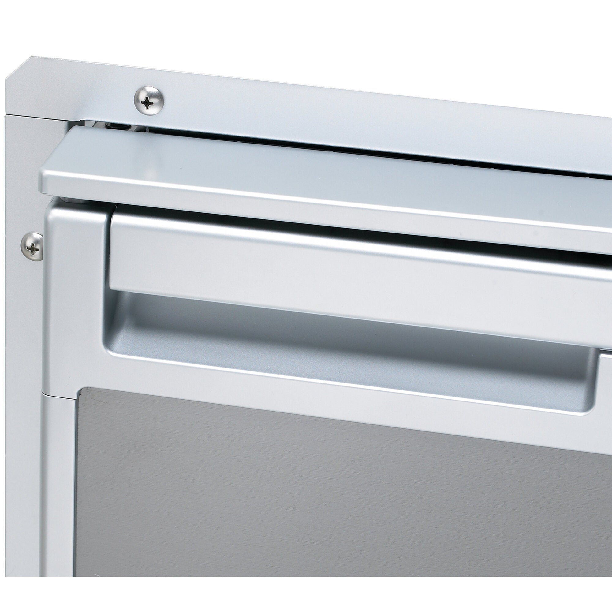 Einbaurahmen für CRX 80, Flush-Mount, aus Metall, silberfarbene Oberfläche, sichtbar Schraubenköpfe, flache Blende