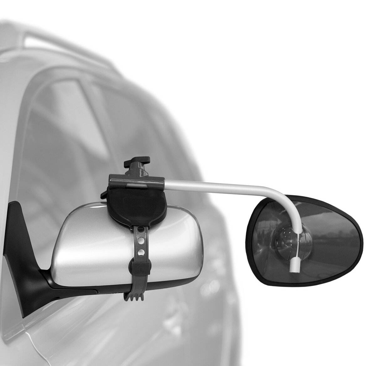 Caravanspiegel Alufor plan, S Armlänge 33 cm, silbernes Spiegelgehäuse, weißer gebogener Arm, schwarze Klemmhalterung an der Fahrzeugseite