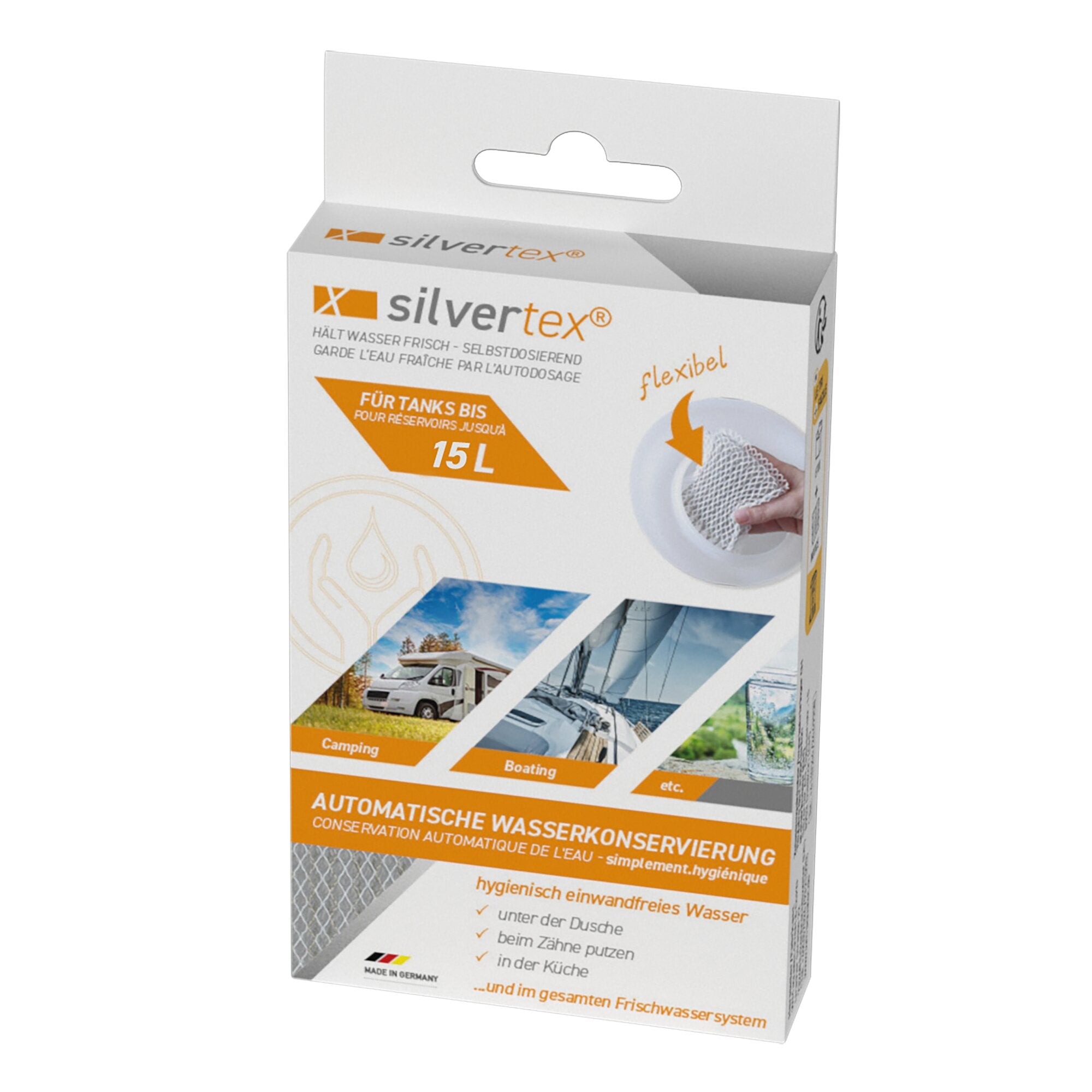 Verpackungskarton für Silvertex Wasserkonservierung 15 L, weißes Design mit orangefarbenem Logo, Aufhängeloch oben, Bilder von Camping und Booten
