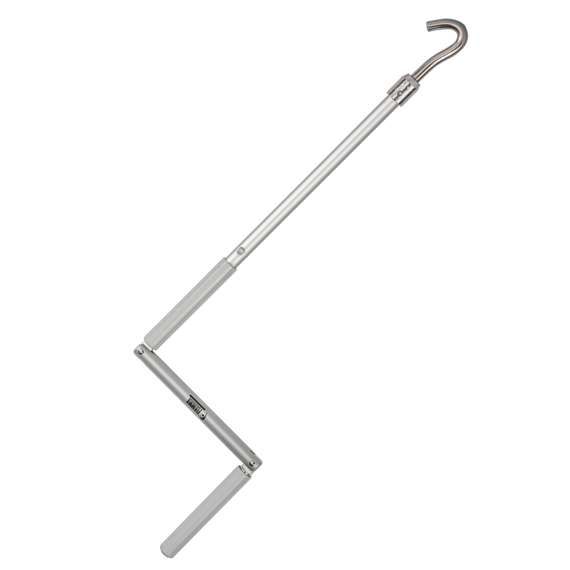 51 cm lange Aluminium-Handkurbel, silberner Stab mit Gelenkkopf, oben gebogener Haken und sichtbare Endkappe am unteren Ende