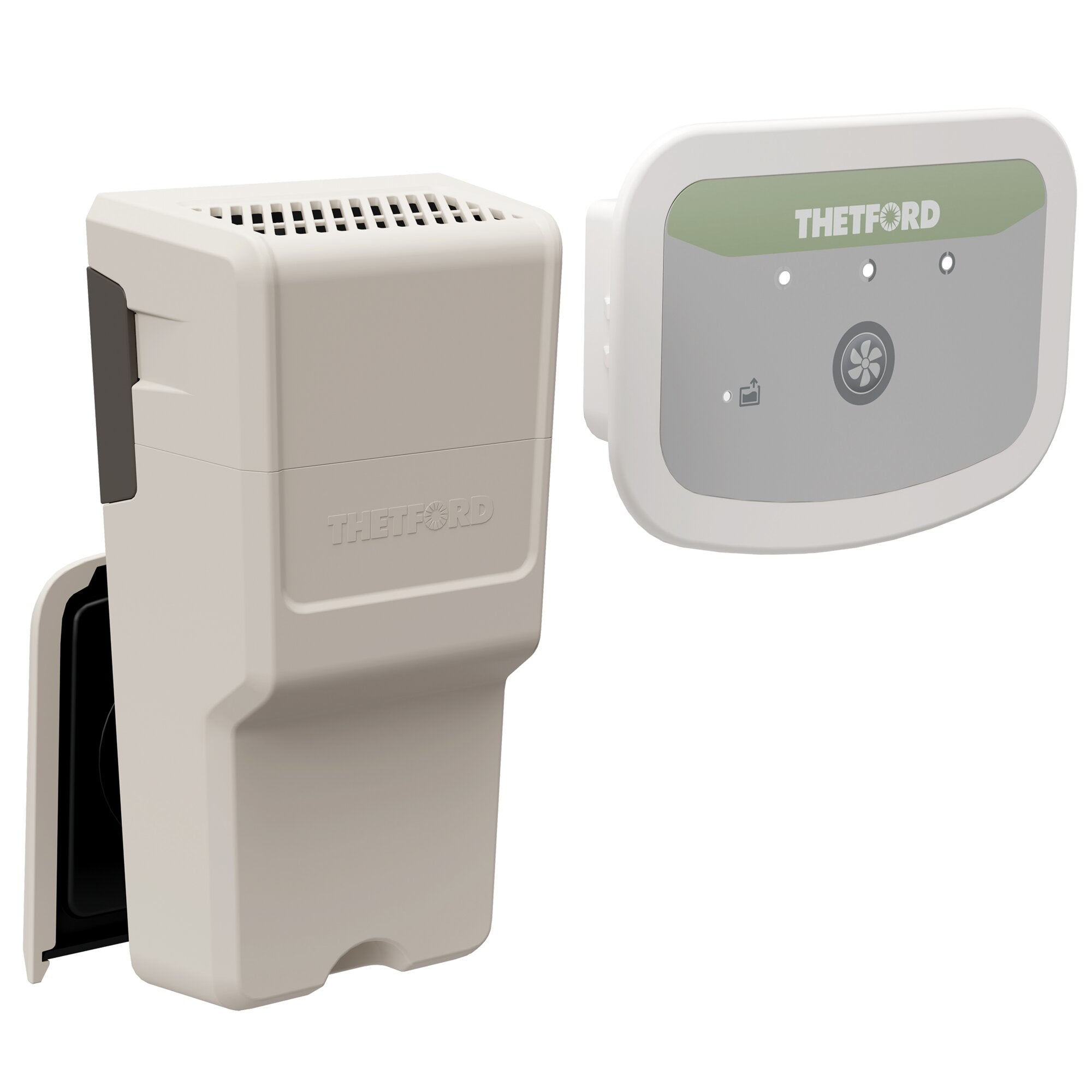 Ventilator-Kit für S260 bestehend aus zwei cremefarbenen Gehäusen; eines mit Oberflächenlüftungsgitter, das andere mit grünem Logobereich und Thetford-Schrift
