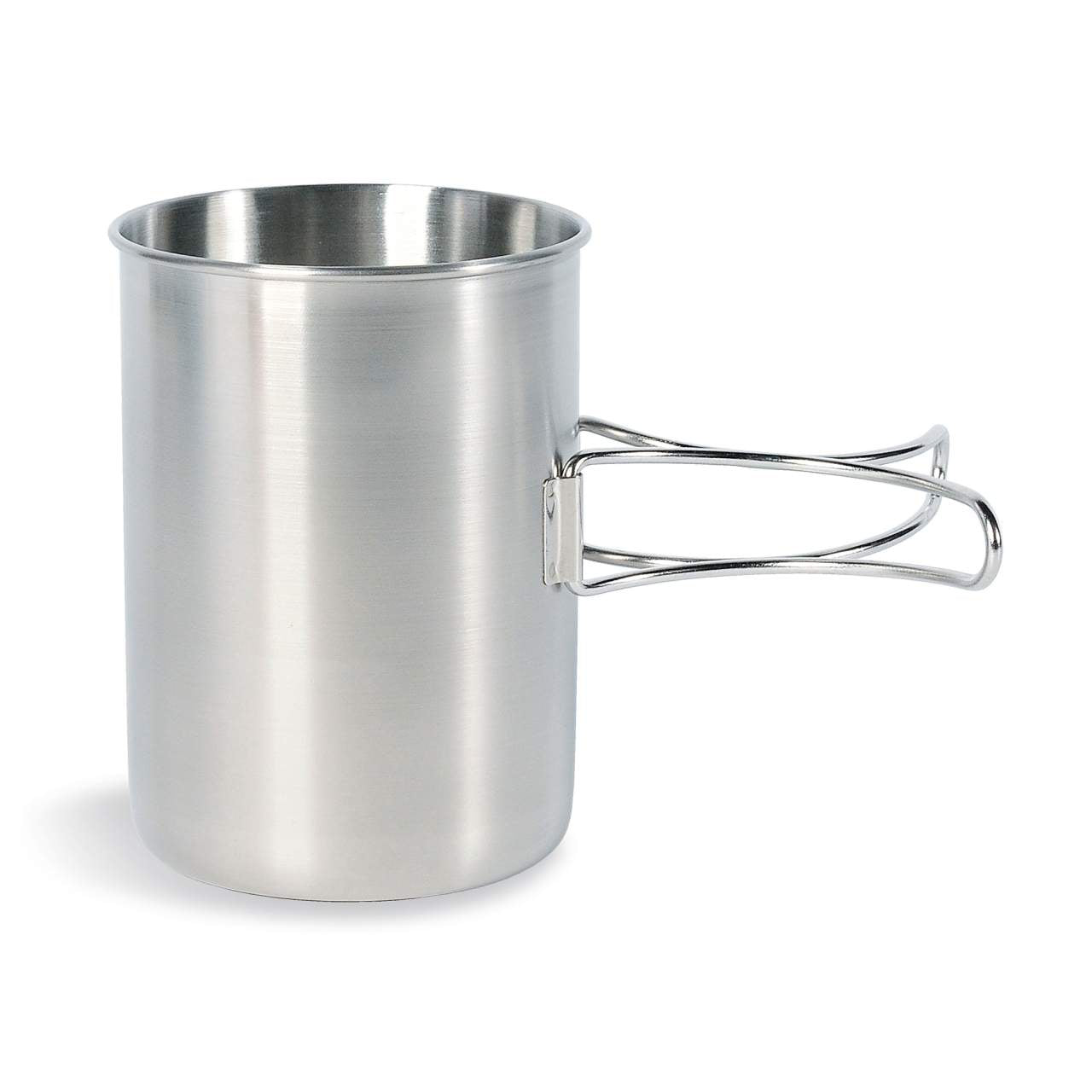 Edelstahl Campingbecher mit klappbarem Drahtgriff, mattierte Oberfläche, 850 ml Fassungsvermögen.