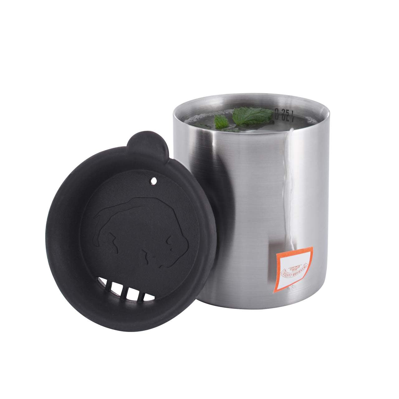 Edelstahl-Thermobecher mit mattem Finish, schwarzem Deckel mit Lüftungsschlitzen und grünem Kräuterblatt im Inneren.