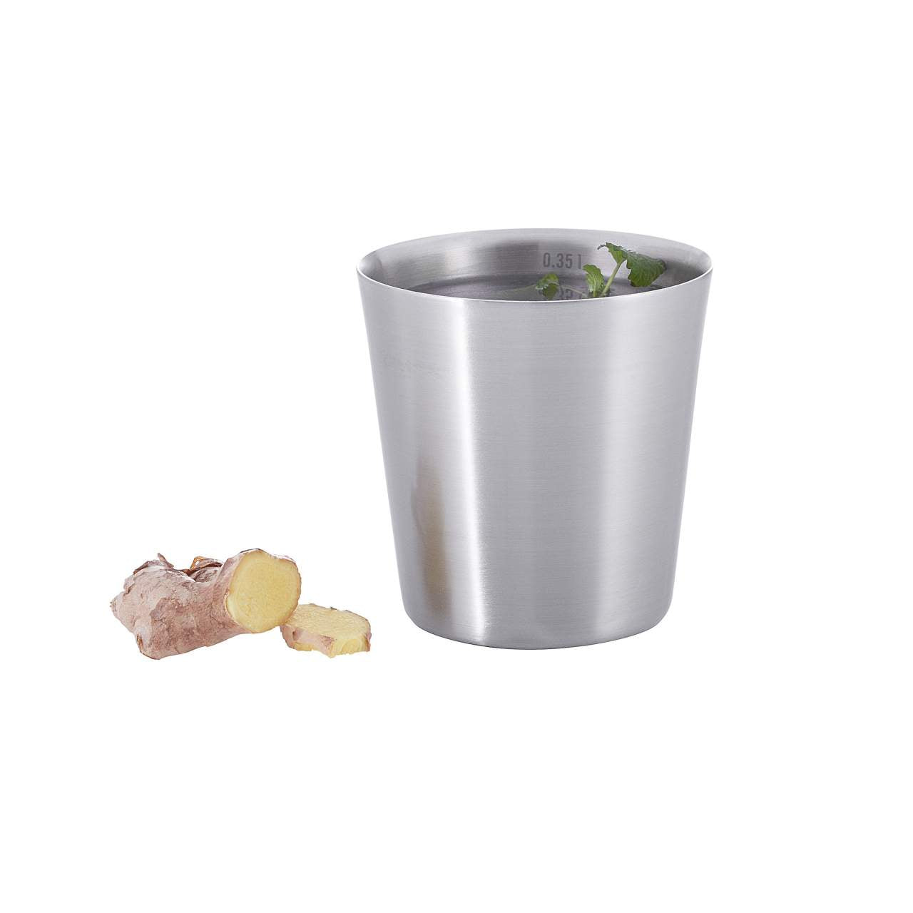 Doppelwandiger Edelstahlbecher mit glatter Oberfläche, gefüllt mit Kräutern, daneben frisches Ingwerstück auf weißem.