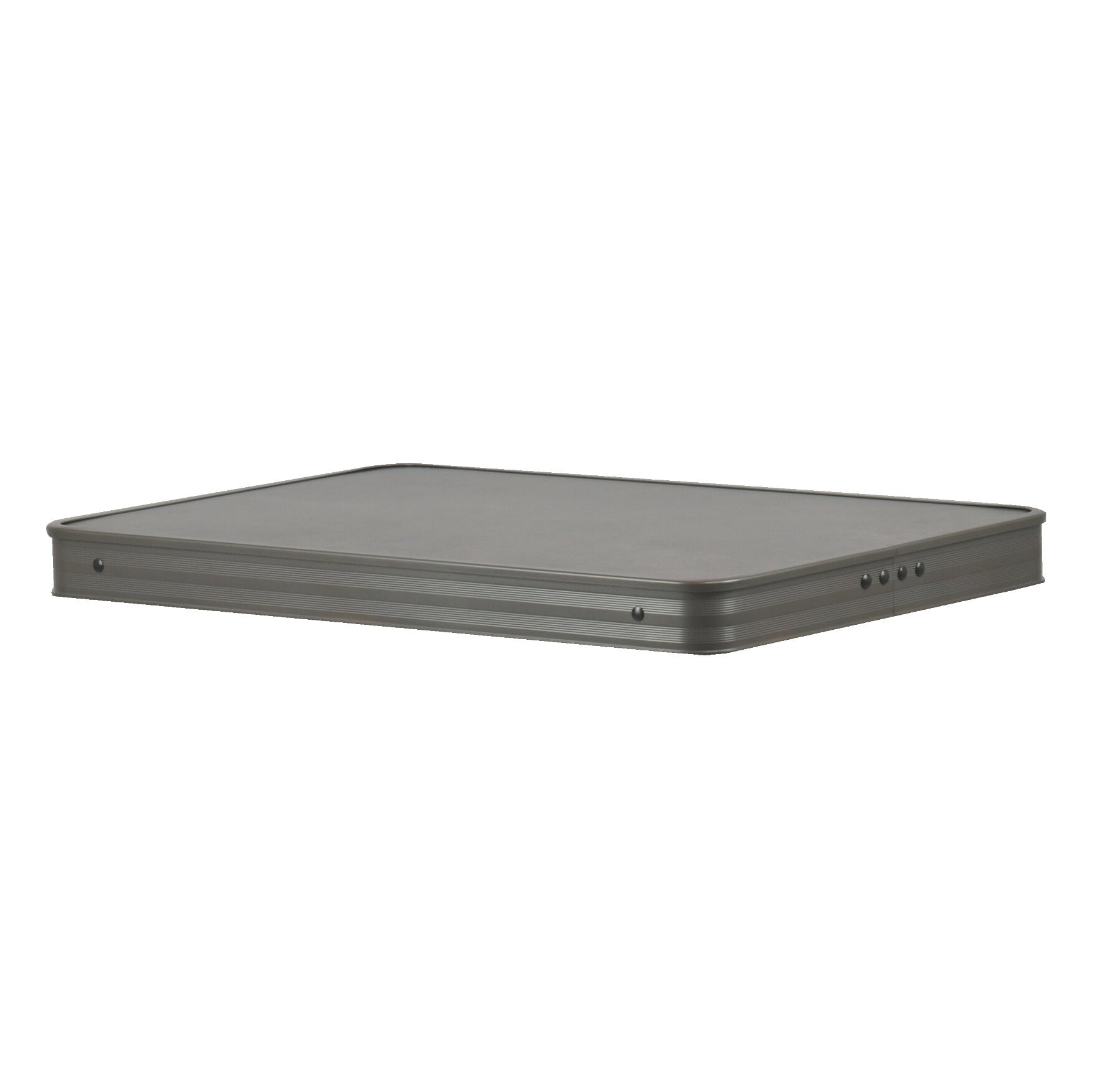 Dunkelgraue, flache Fußauflage Dynamic Elegance aus Metall, rechteckig mit abgerundeten Ecken und sichtbaren Befestigungen an der Vorderkante