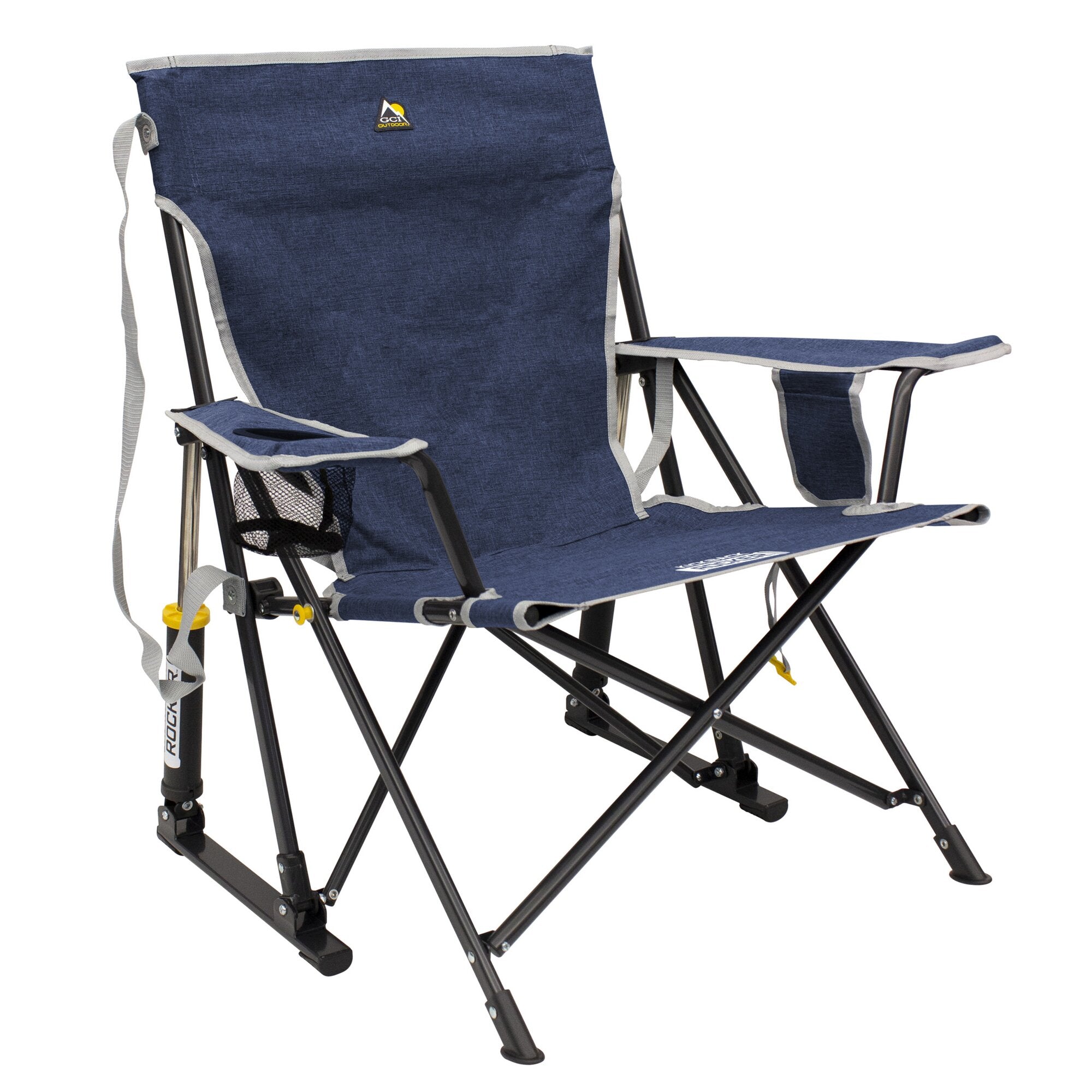 Camping-Schaukelstuhl Kickback Rocker Indigo mit dunkelblauem Stoff, grauen Nähten, schwarzem Gestell, seitlicher Netz-Tasche und gelben Einstellknöpfen