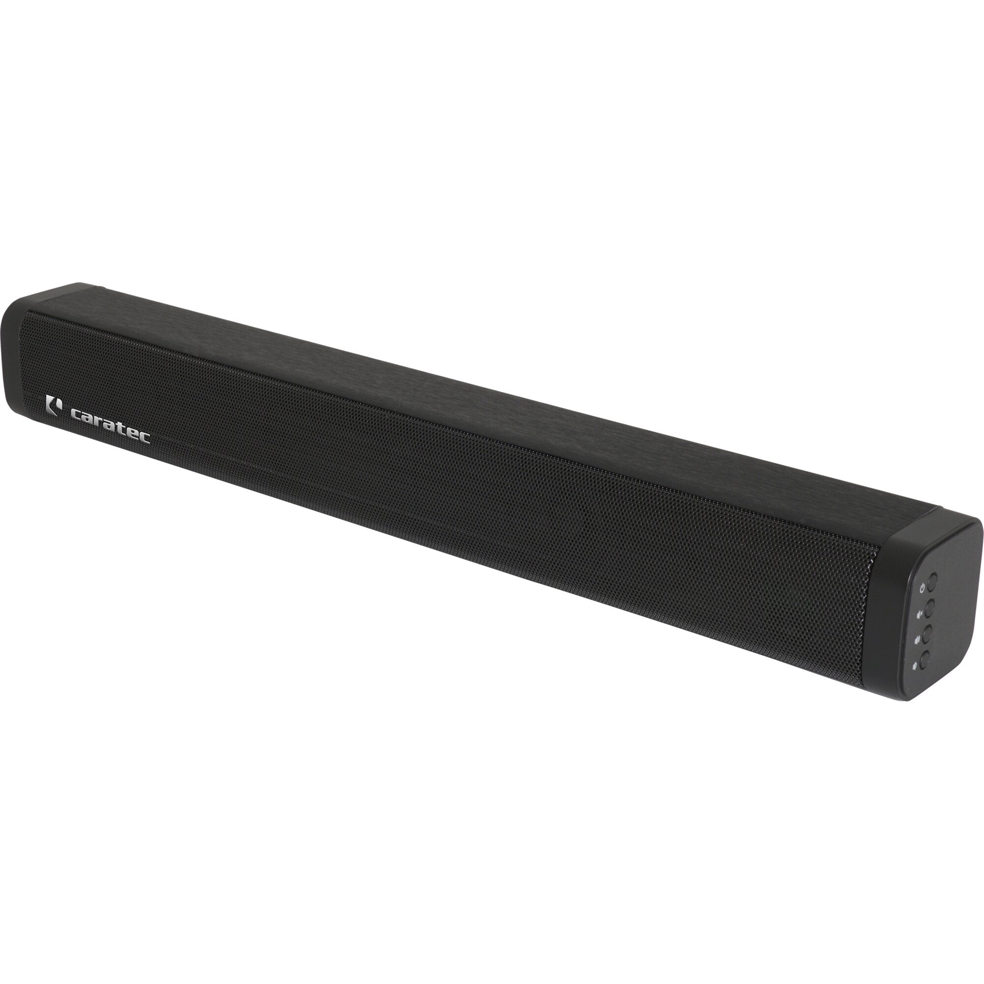 Breit wirkende schwarze Soundbar mit perforierter Frontgitter, seitlich abgerundeten Enden und sichtbarem Caratec-Logo links unten