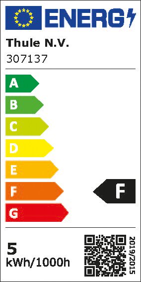 EU-Energieeffizienzlabel für einen LED-Lichtstreifen unten 6 m; Farbleiste A bis G, Klasse F, Verbrauch 5 kWh/100h, QR-Code