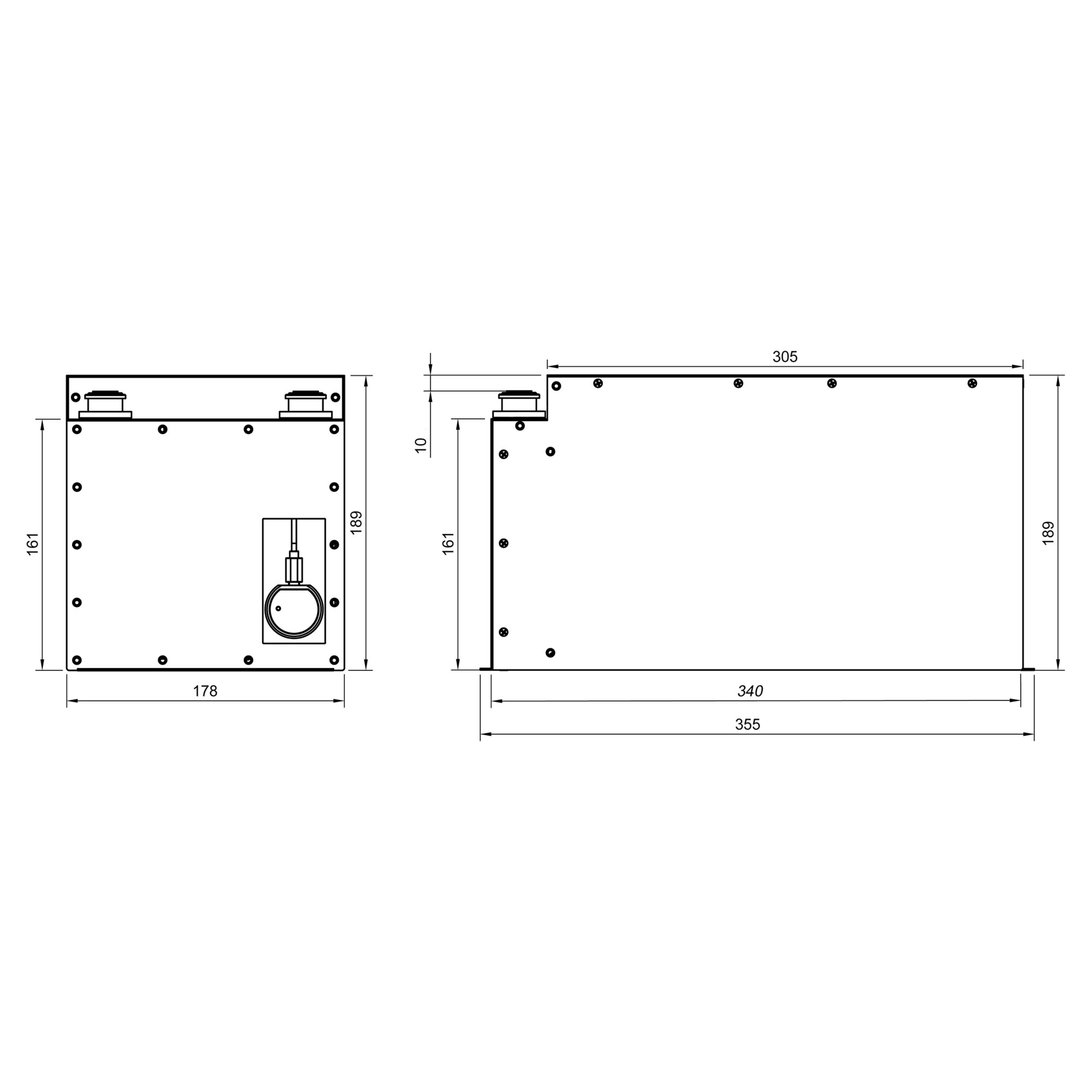 Technische Zeichnung einer Lithiumbatterie Polar 270 Ah mit Front- und Seitenansicht, Anschlüssen, Befestigungslöchern und Maßen Breite 178 mm Länge 355 mm