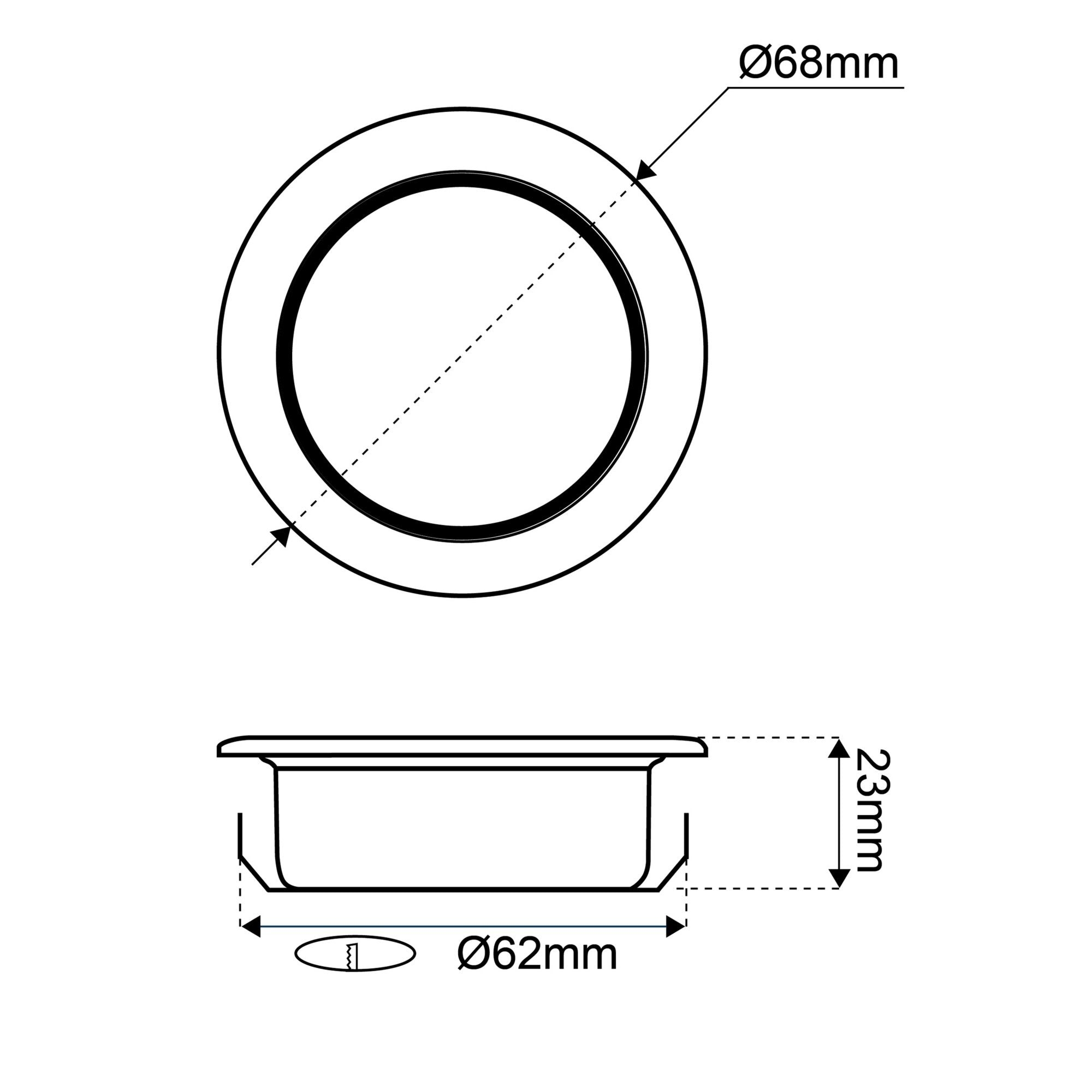 Technische Zeichnung einer Möbeleinbauleuchte mit Top- und Seitenansicht, äußerer Durchmesser Ø68 mm, Öffnung Ø62 mm und Höhe 23 mm