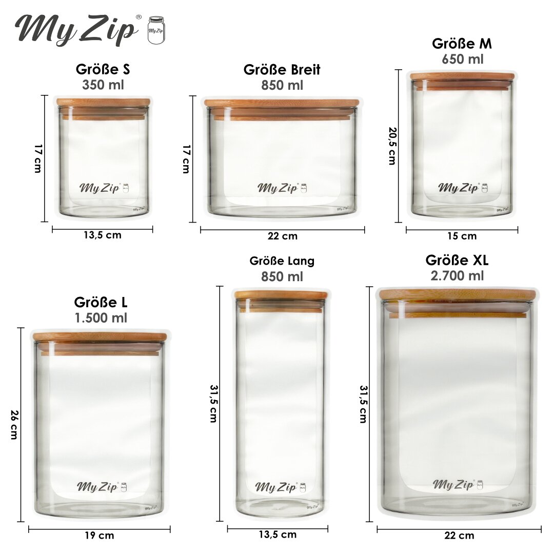 Sechs transparente Aufbewahrungsbeutel von My Zip in Größen S bis XL mit Holzdeckel, Volumenangaben in ml sichtbar