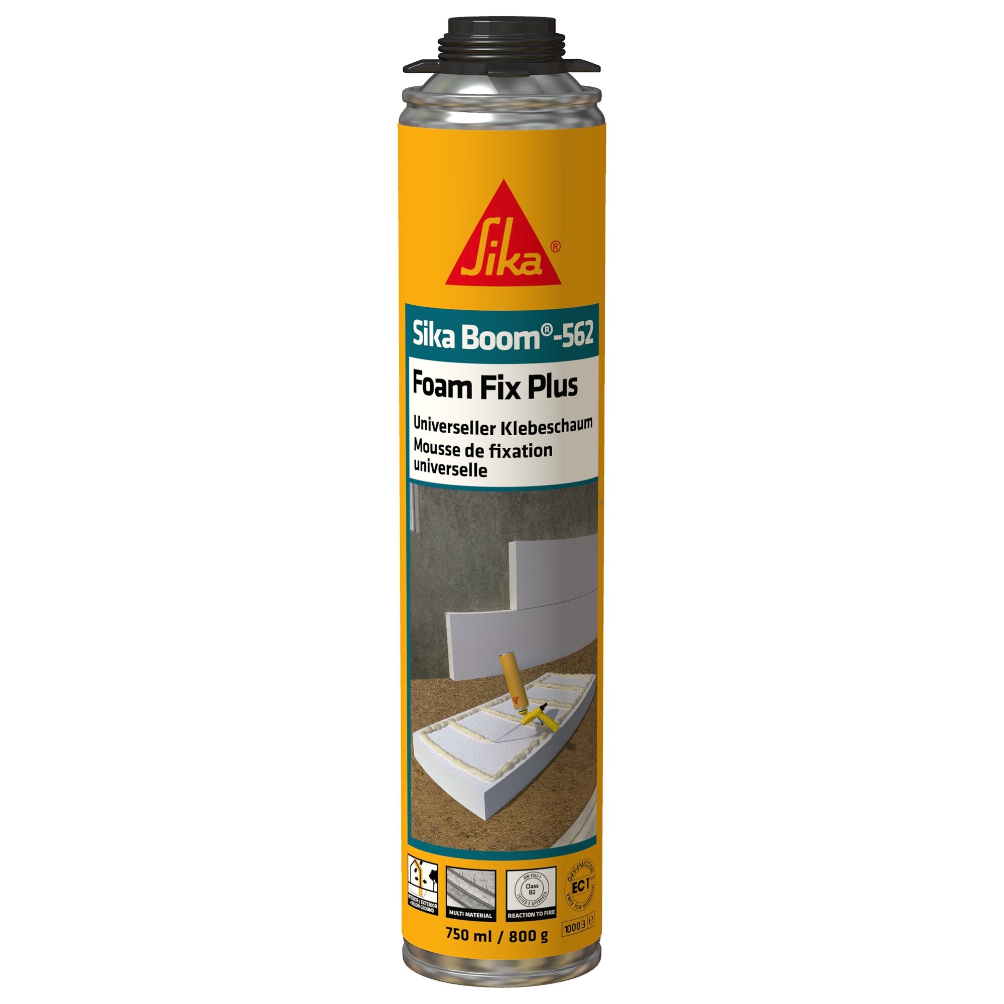 Gelbe Aerosoldose mit rotem Sika-Logo, Sika Boom-562 Foam Fix Plus, blaues Banner, Universeller Klebeschaum, 750 ml / 800 g