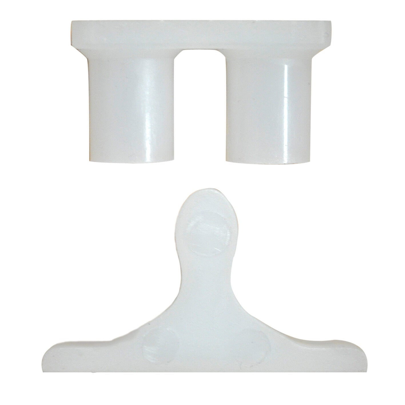 Weißer Kunststoff-Druck- und Zugverschluss mit zwei zylindrischen Stiften, verbunden durch eine flache Brücke, darunter eine stilisierte Silhouette einer Person