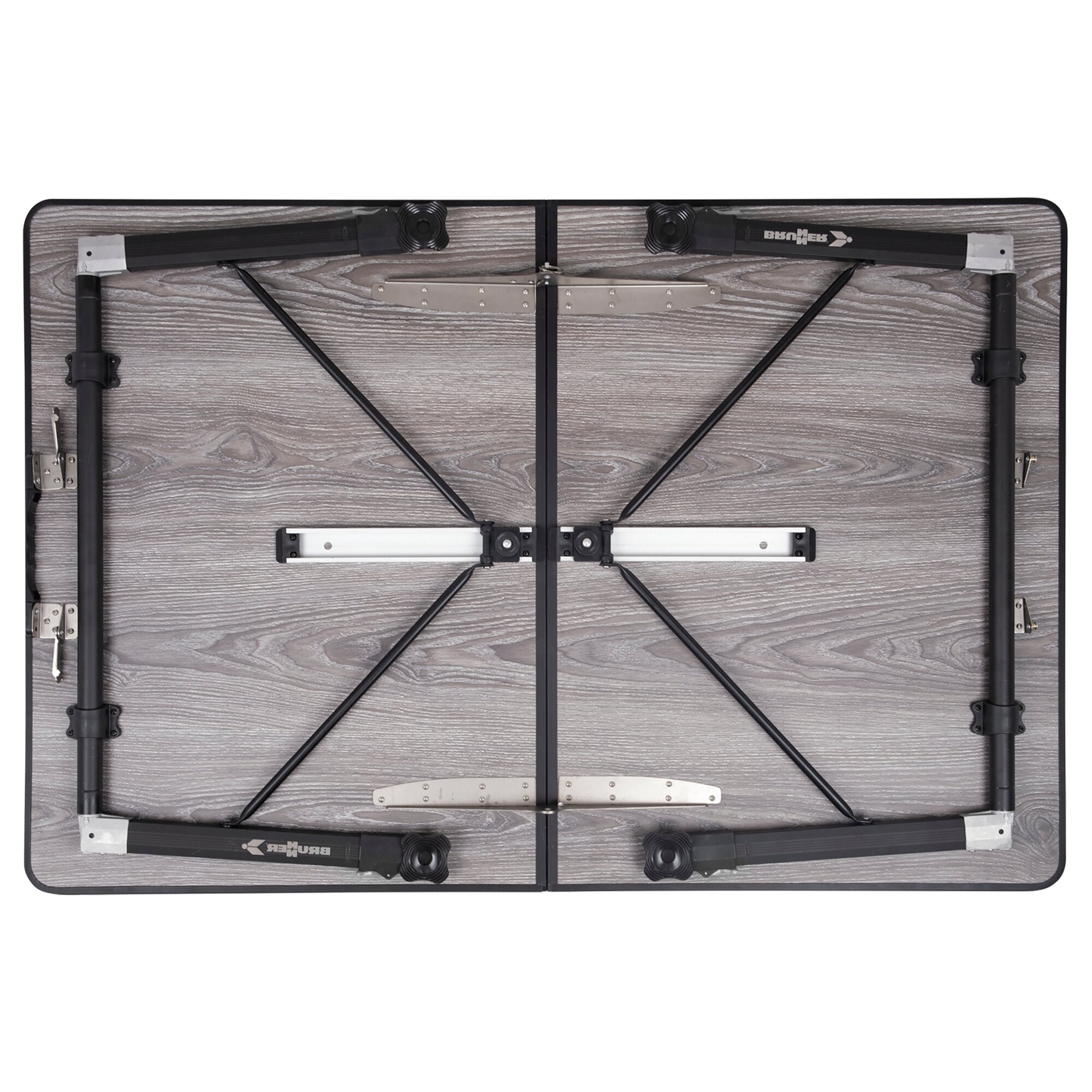 Unterseite eines eingeklappten Campingtisches Elùtop ComPack 120 cm mit Holzoptik-Tischplatte, schwarzen Rahmen und X-Stabilisatoren
