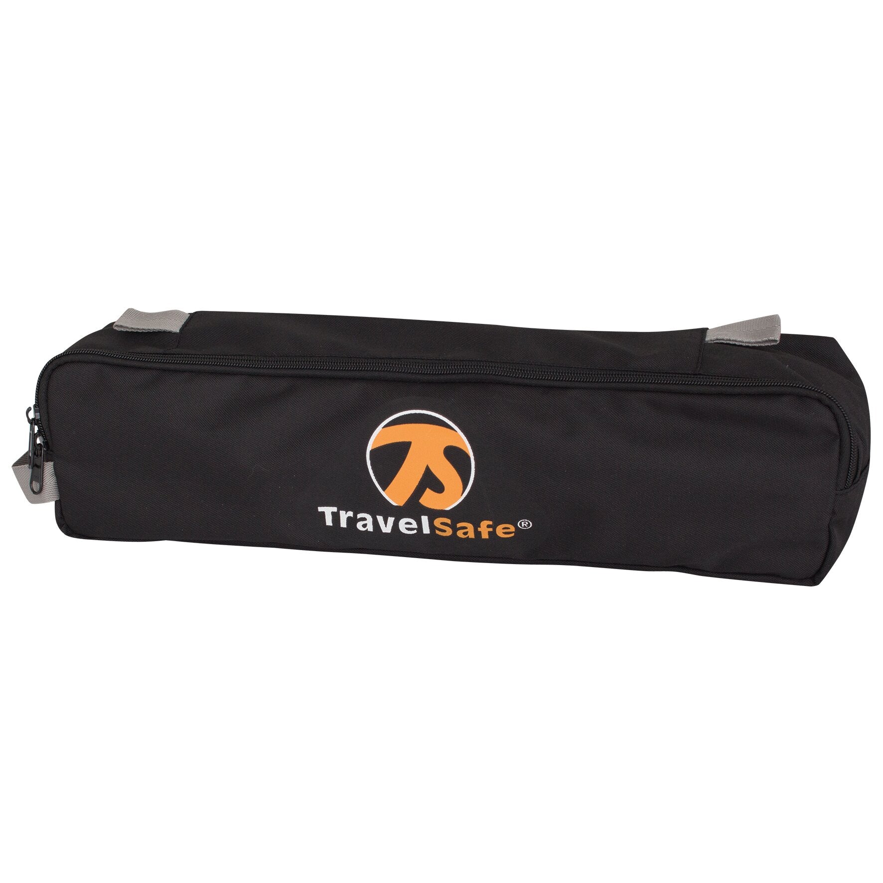 Schwarze Tragetasche aus robustem Stoff mit Reißverschluss und zwei Tragegriffen, TravelSafe-Logo, für den Faltstuhl Calais