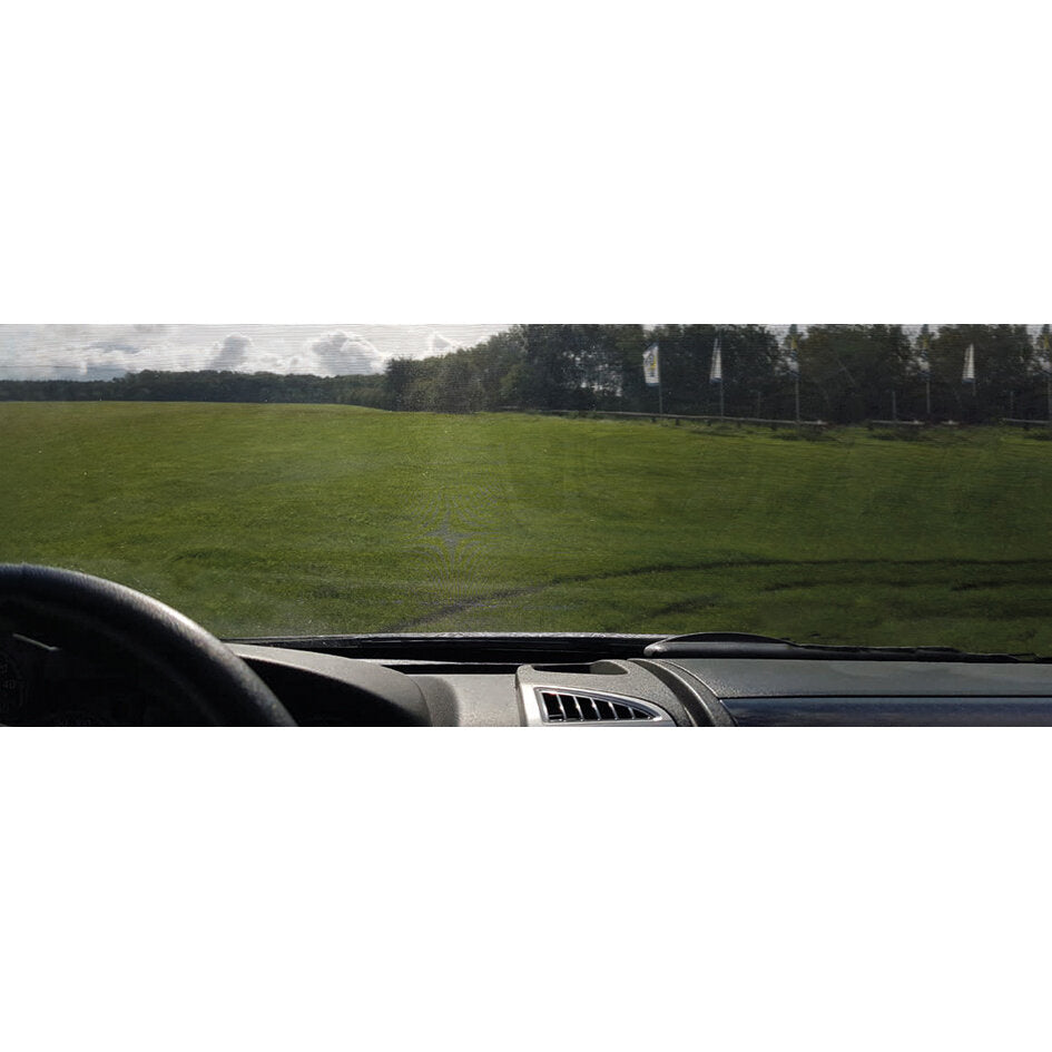 Innenraum eines Fahrzeugs mit Lenkrad links, Armaturenbrett und Windschutzscheibe; Blick auf grüne Wiese, Bäume und Flaggenmasten außerhalb