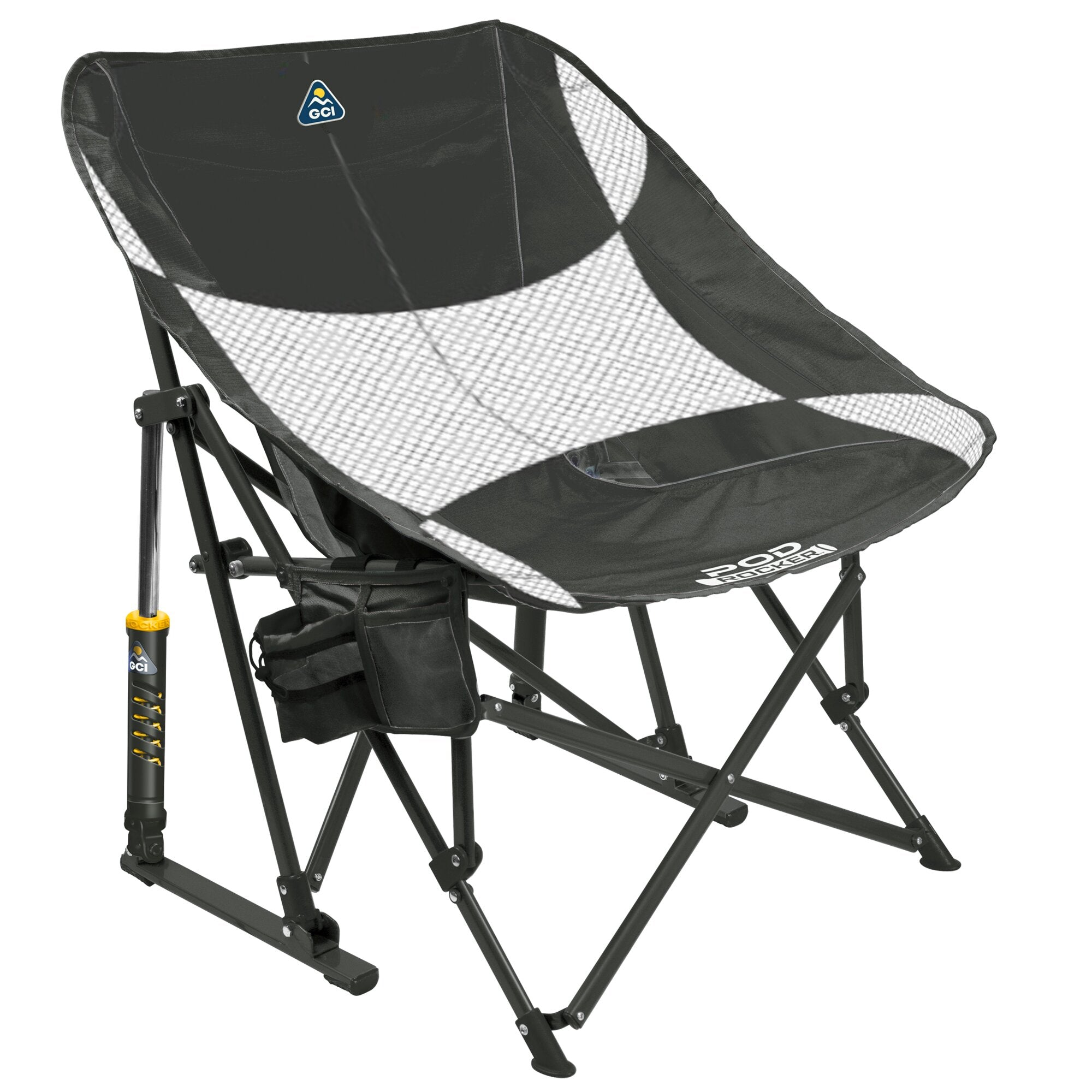 Camping-Schaukelstuhl Pod Rocker Elite in Anthrazit, faltbarer Stahlrahmen, schwarzes Gewebe mit graues Karomuster, Kopfteil mit GCI-Logo