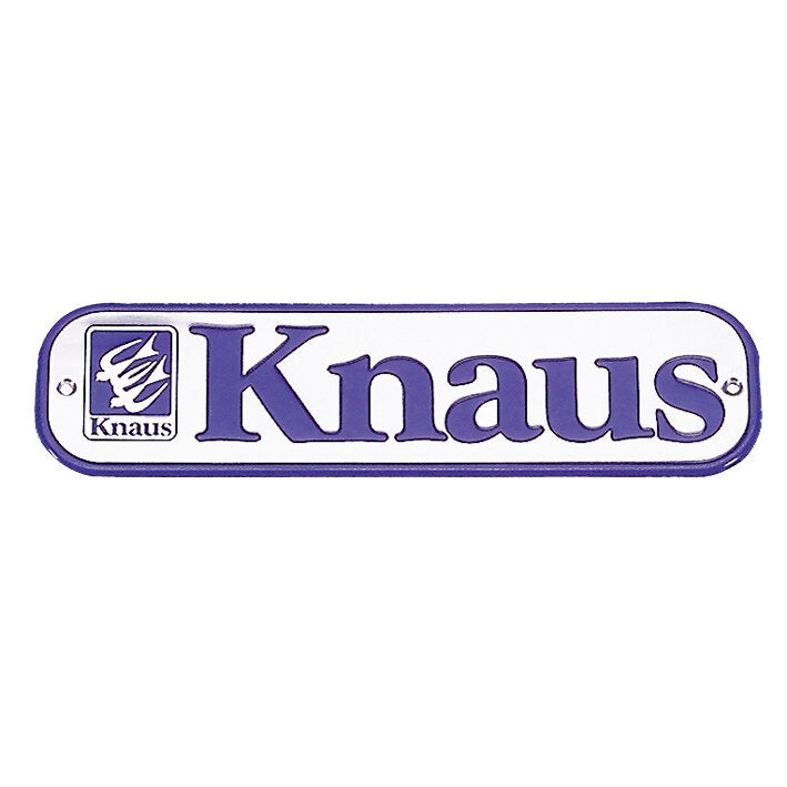 Rechteckiges Aluminiumschild mit weißem Hintergrund, violettem Rand und Schriftzug Knaus, kleinem Logo links, Löcher zum Befestigen an beiden Enden