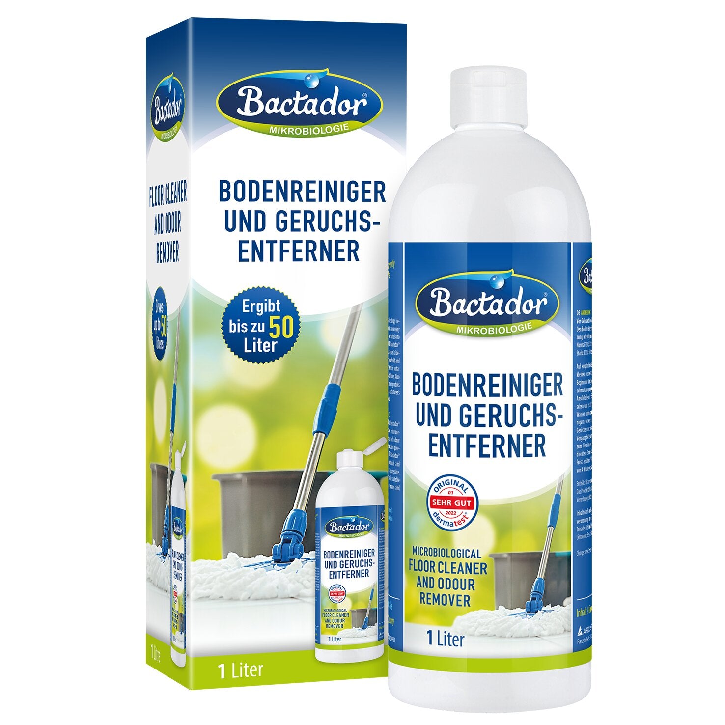 Bactador Bodenreiniger und Geruchsentferner, sichtbar als Box und Flasche im Vordergrund mit blau-weiß-grünem Etikett, Kennzeichnung 1 Liter