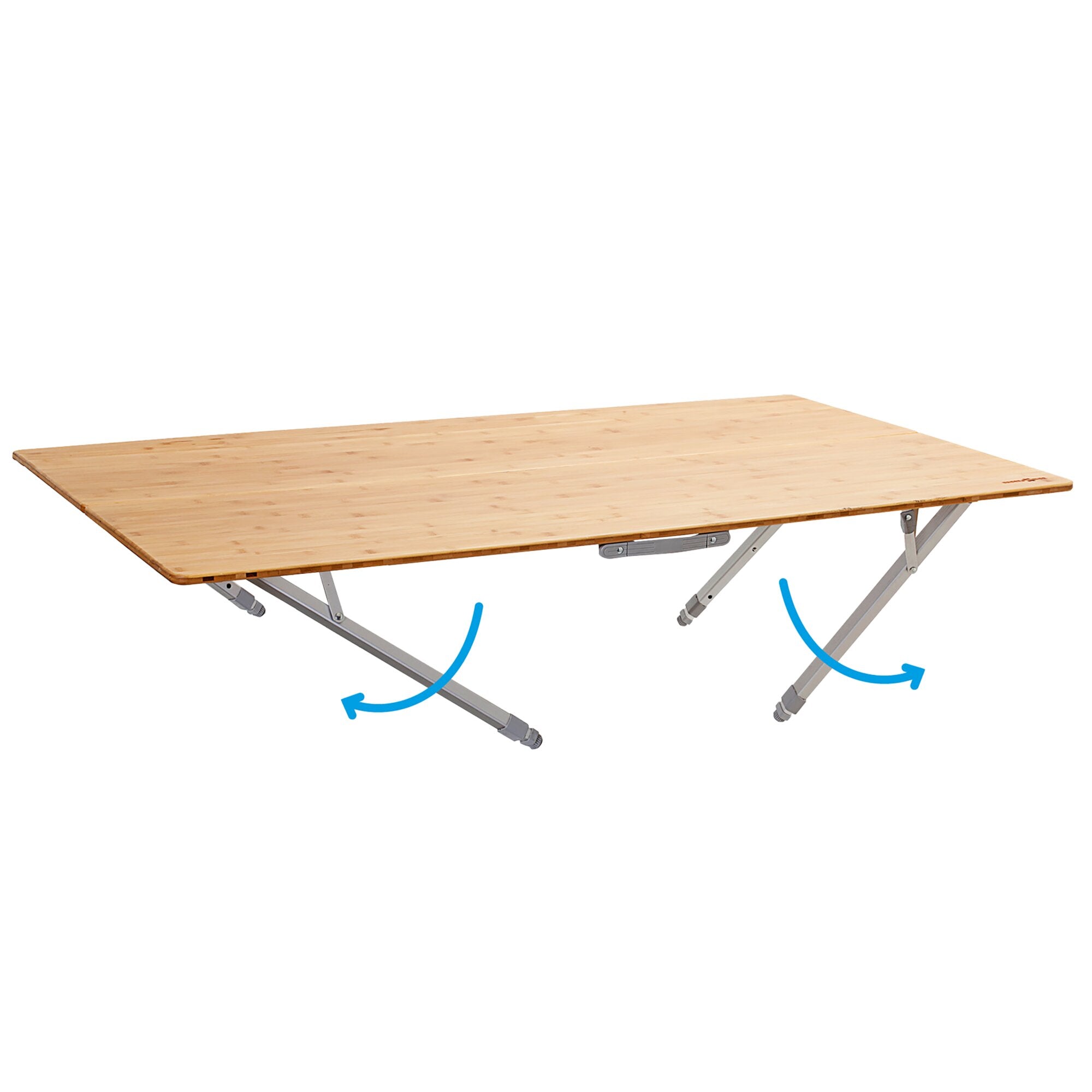 Faltbarer Campingtisch mit heller Holzplatte und silbernem Metallgestell, Camperking, 100 cm Länge, klappbare Beine