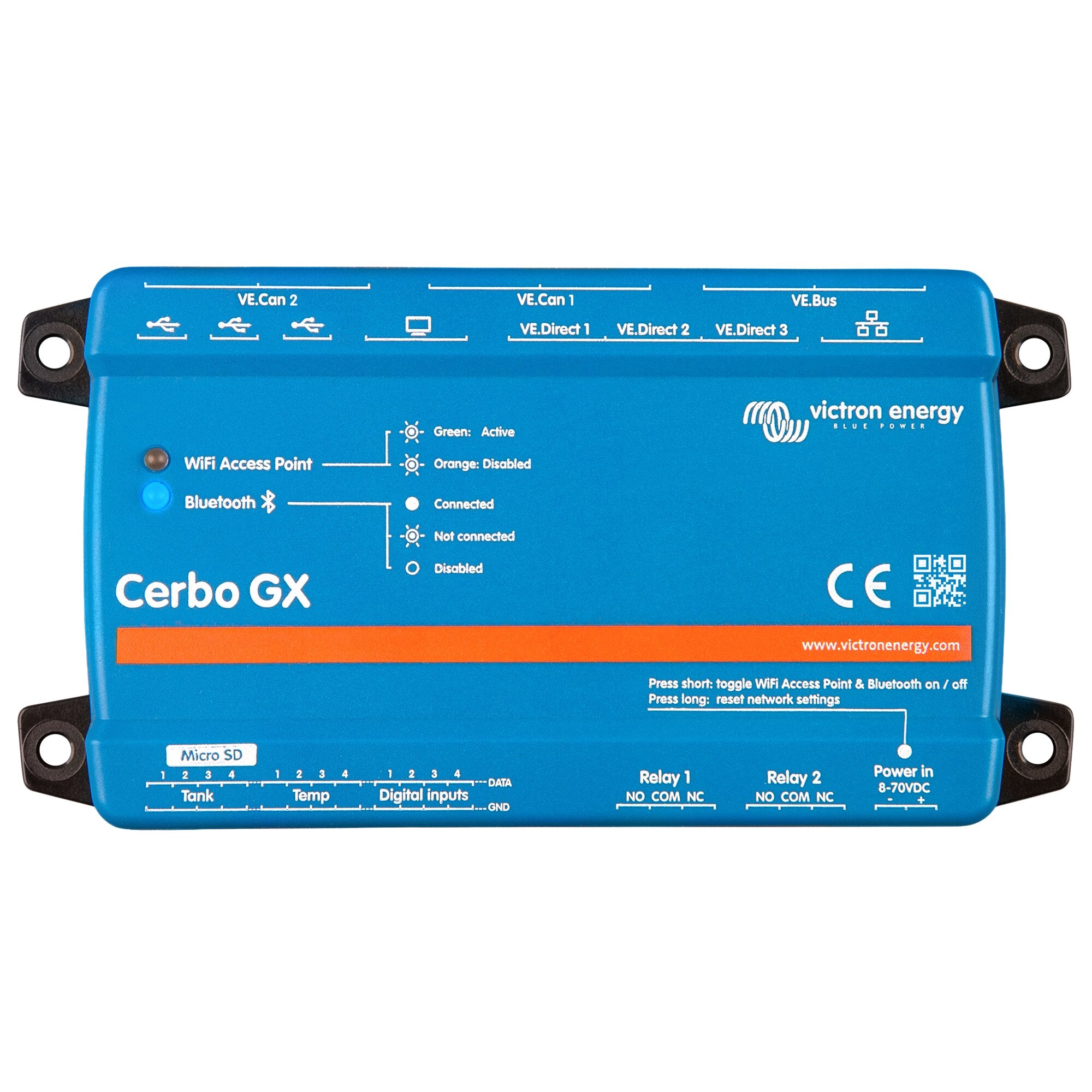 Cerbo GX MK2 Steuereinheit blau mit VE.Can 1/2, VE.Bus, VE.Direct Anschlüssen, Micro SD Slot, Power-In 8-70VDC, WiFi/Bluetooth-Indikator