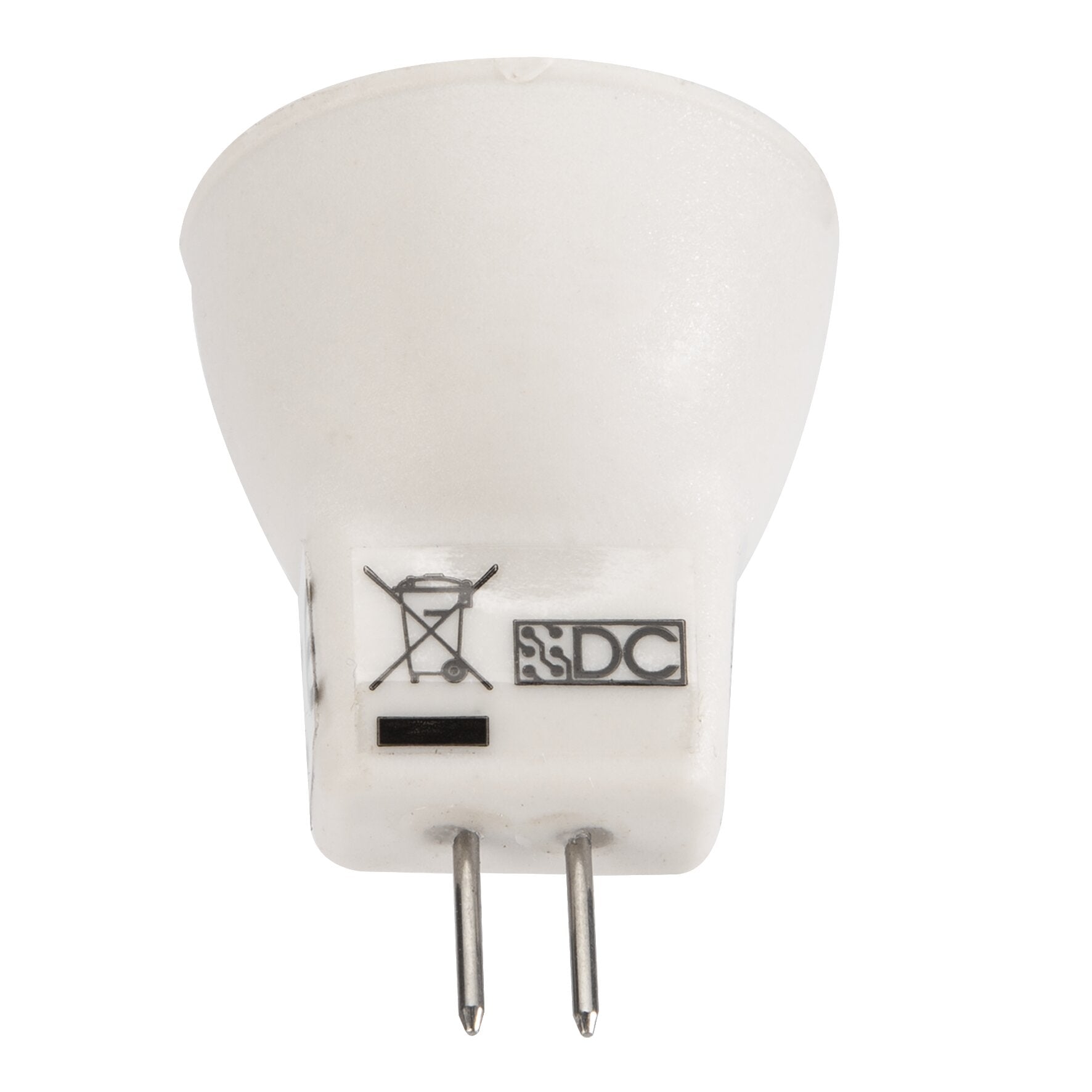Weiße LED-GU4 Leuchte mit milchigem, glockenförmigem Gehäuse, zwei Metallpins unten und sichtbaren Symbolen auf dem Sockel