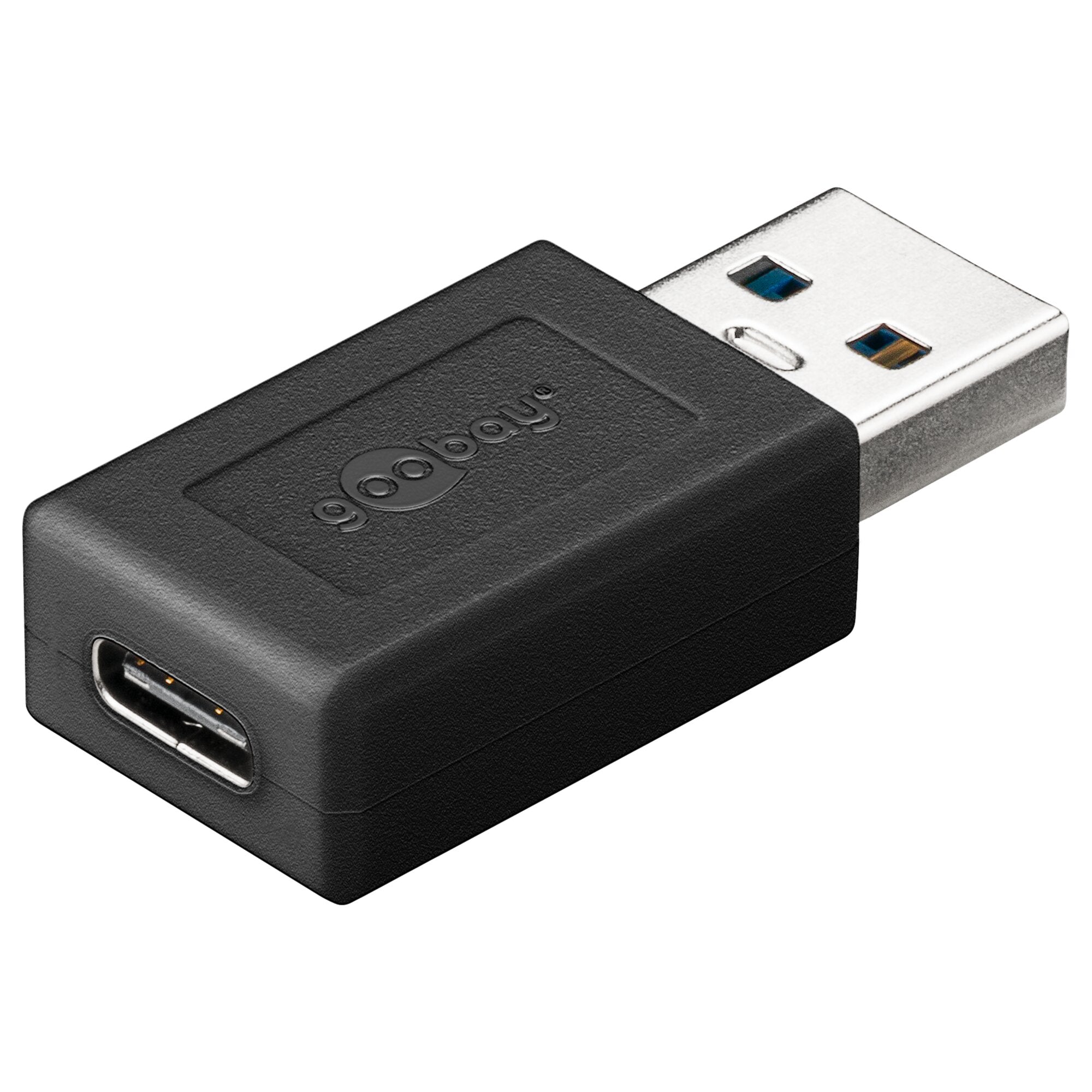 Schwarzer USB 3.0 SuperSpeed Adapter mit USB-A Stecker rechts und USB-C Buchse links, silberne Metallhülle, blauer Innenbereich