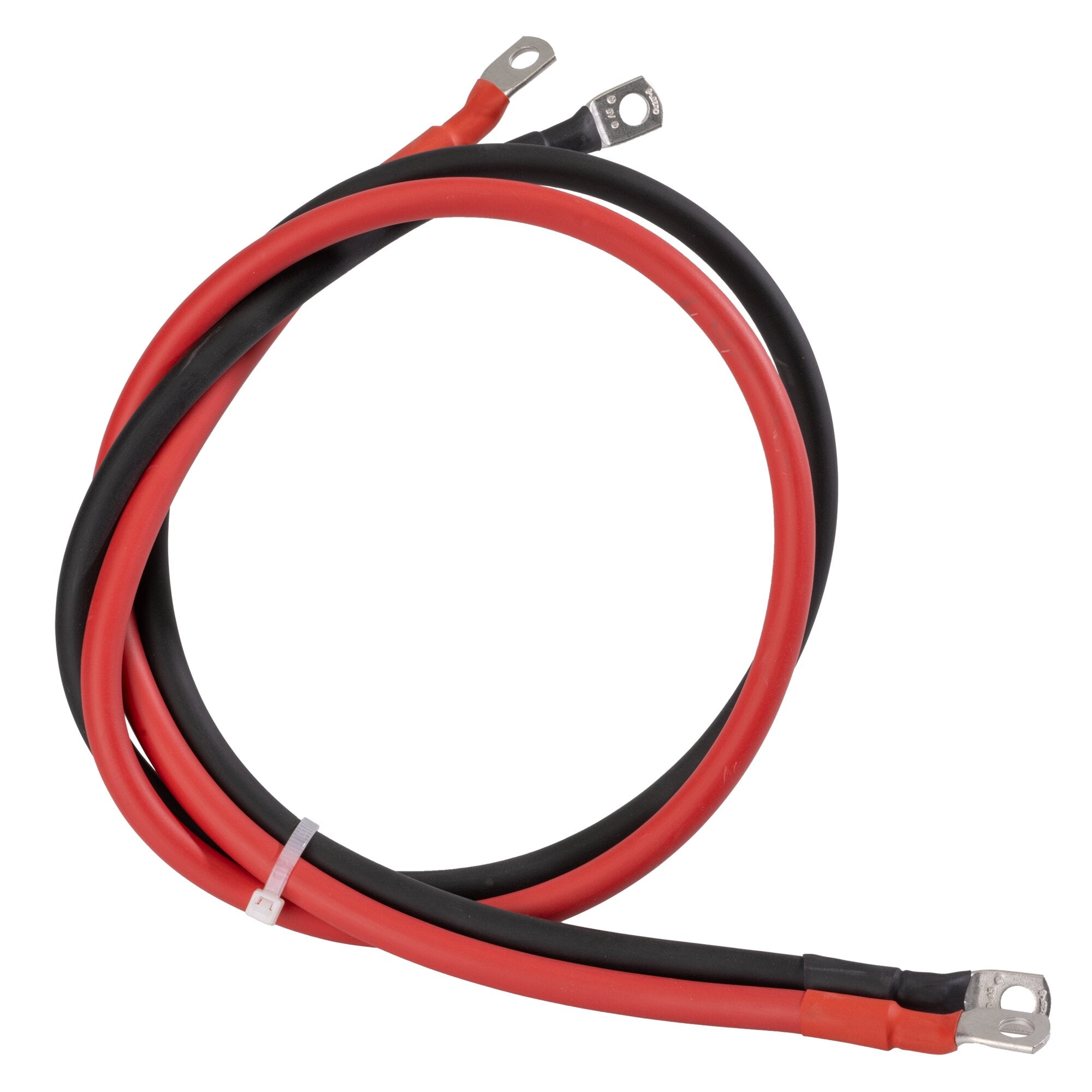 Kabelset mit roter und schwarzer Leitung 25 mm², in Schleife geformt, Enden mit Ringklemmen und kleinem weißen Steckverbinder