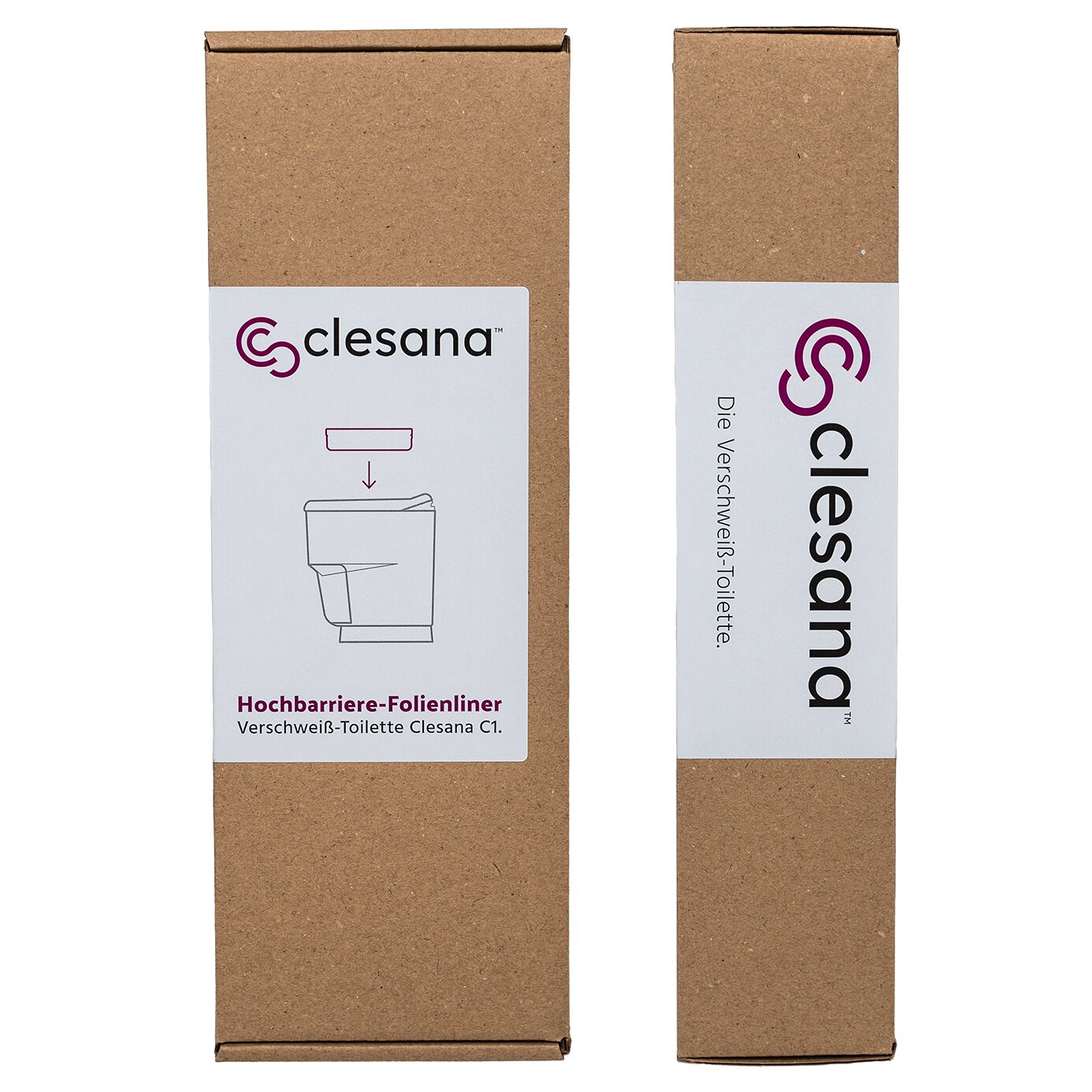 Zwei braune Kartonboxen mit weißen Etiketten; linkes Etikett zeigt das Clesana-Logo, eine Toilettenskizze und Hochbarriere-Folienliner