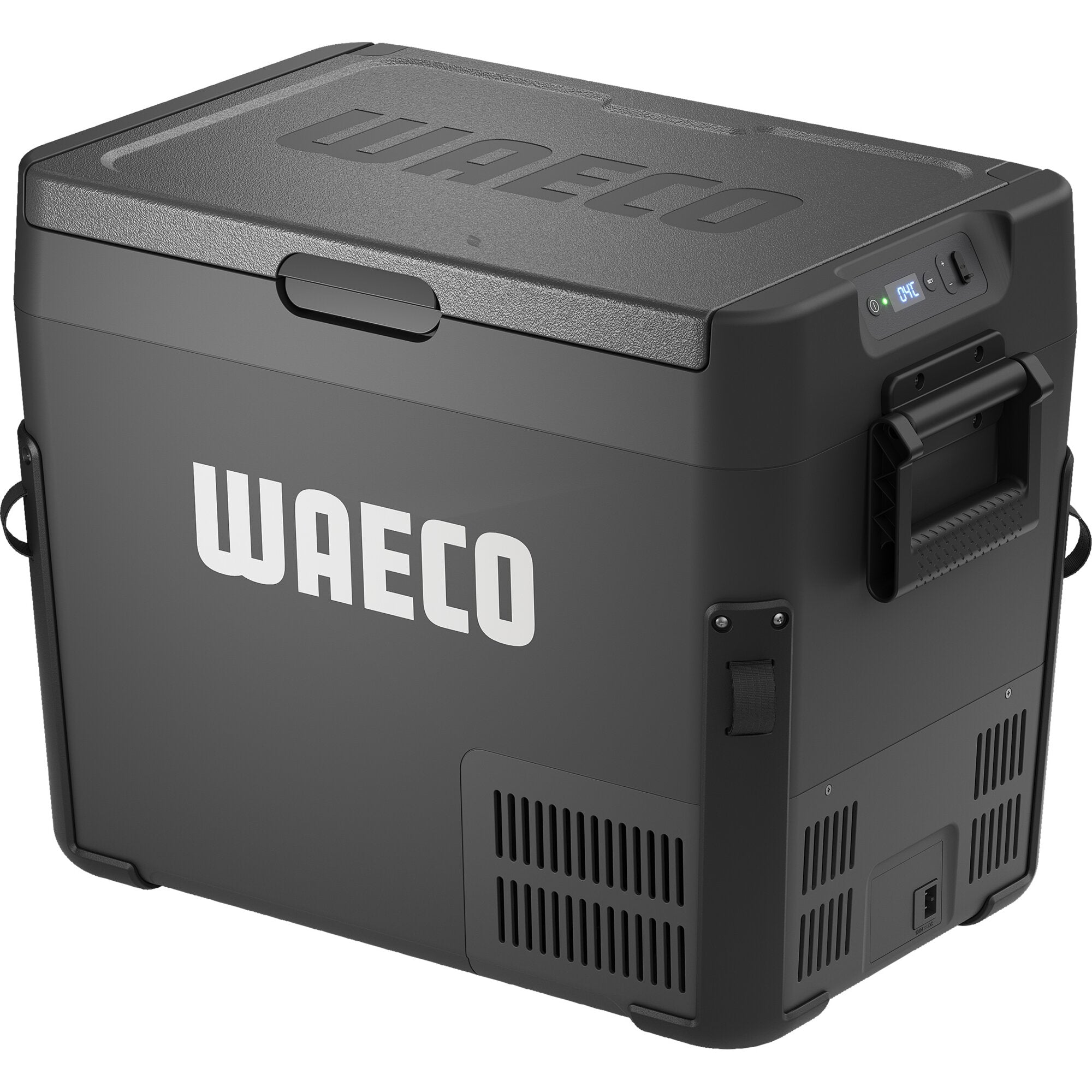 Schwarze Kompressor-Kühlbox WCC40, 12/24 V, mit WAeco-Logo auf dem Deckel, seitlichem Griff und Front-Bedienfeld mit Display und grünem Statuslicht