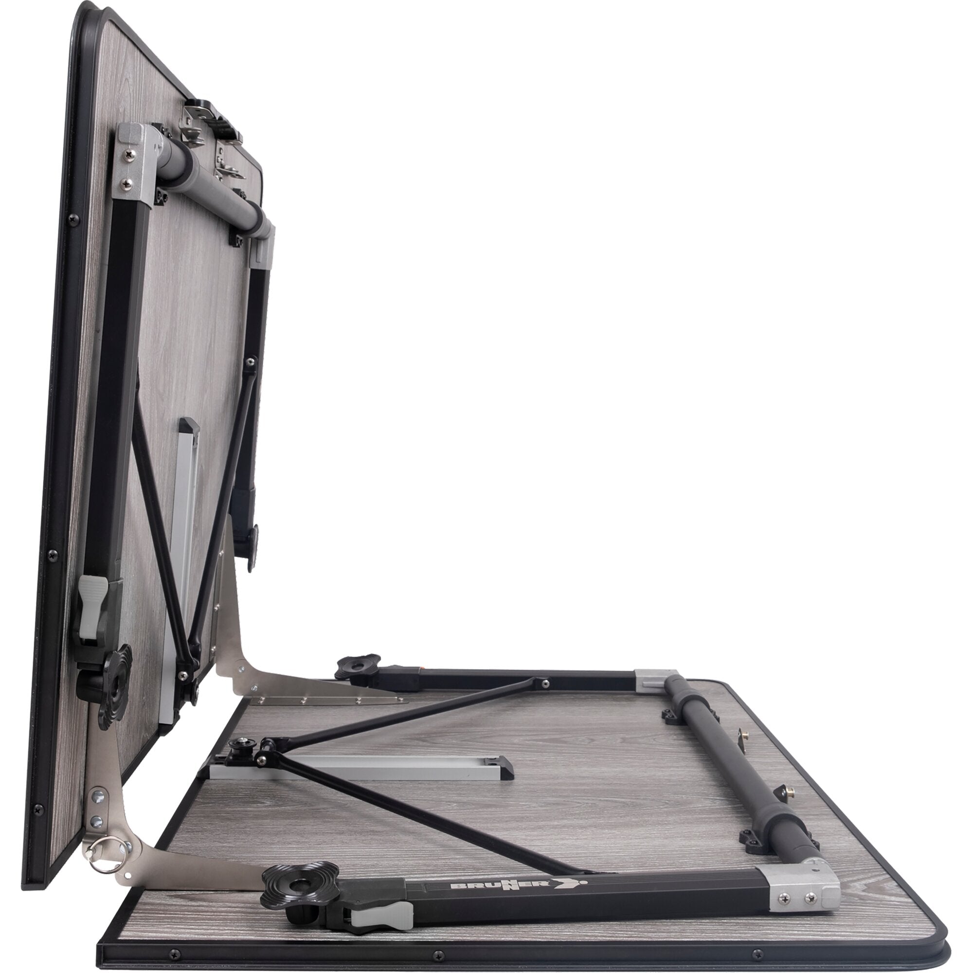Seitenansicht eines aufgeklappten Campingtisches Elùtop ComPack 120 cm mit Holzoptik-Tischplatte, Metallrahmen und Klappmechanik