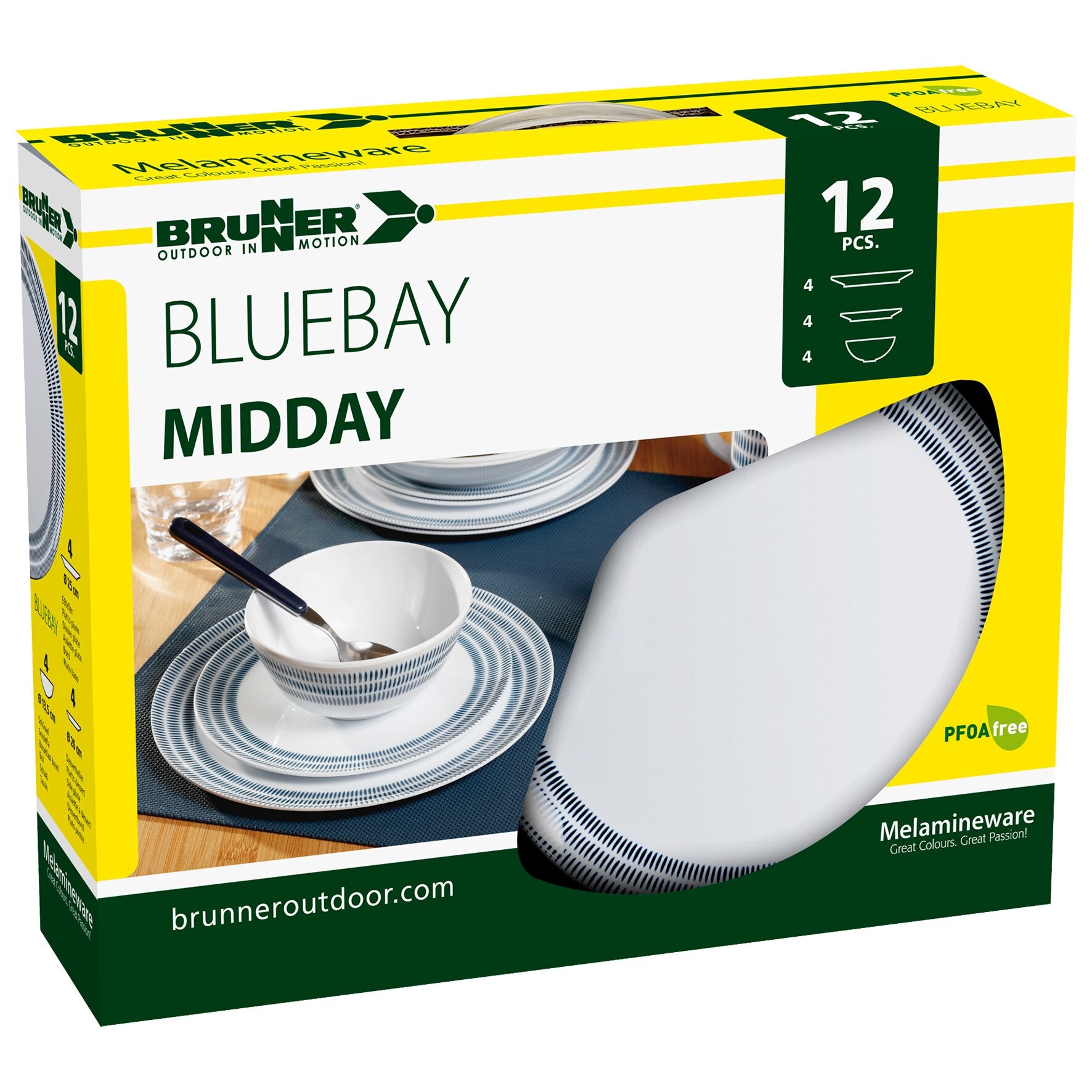 Brunner Melaminware Bluebay Midday Geschirrset, 12 Teile, gelb-grüne Verpackung mit Abbildungen von Tellern, Schalen und Besteck