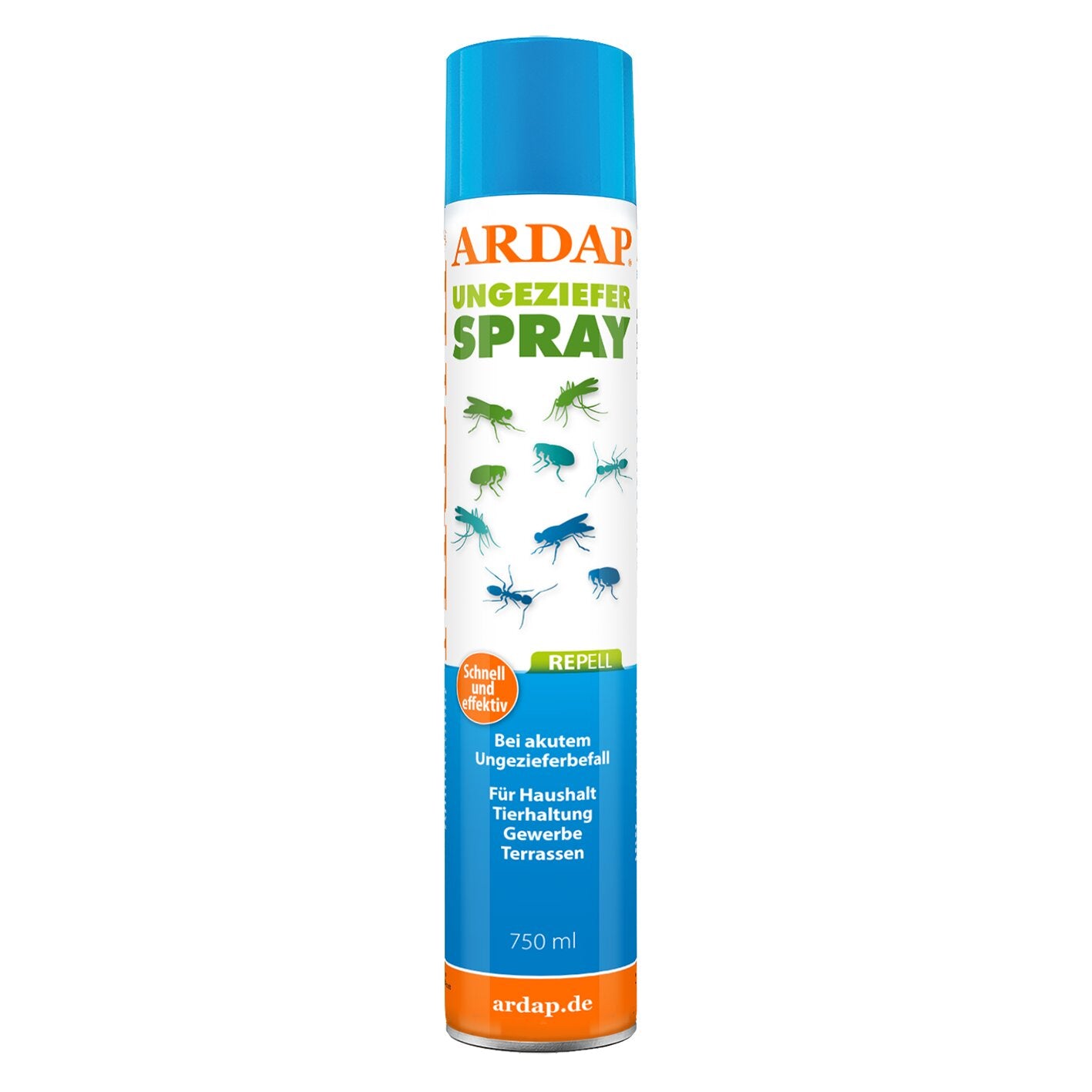 Schlankes Aerosol mit blauem Deckel und weißem Etikett, ARDAP UNGEZIEFER SPRAY, grüne Tier-Silhouetten, blauer Unterteil, 750 ml