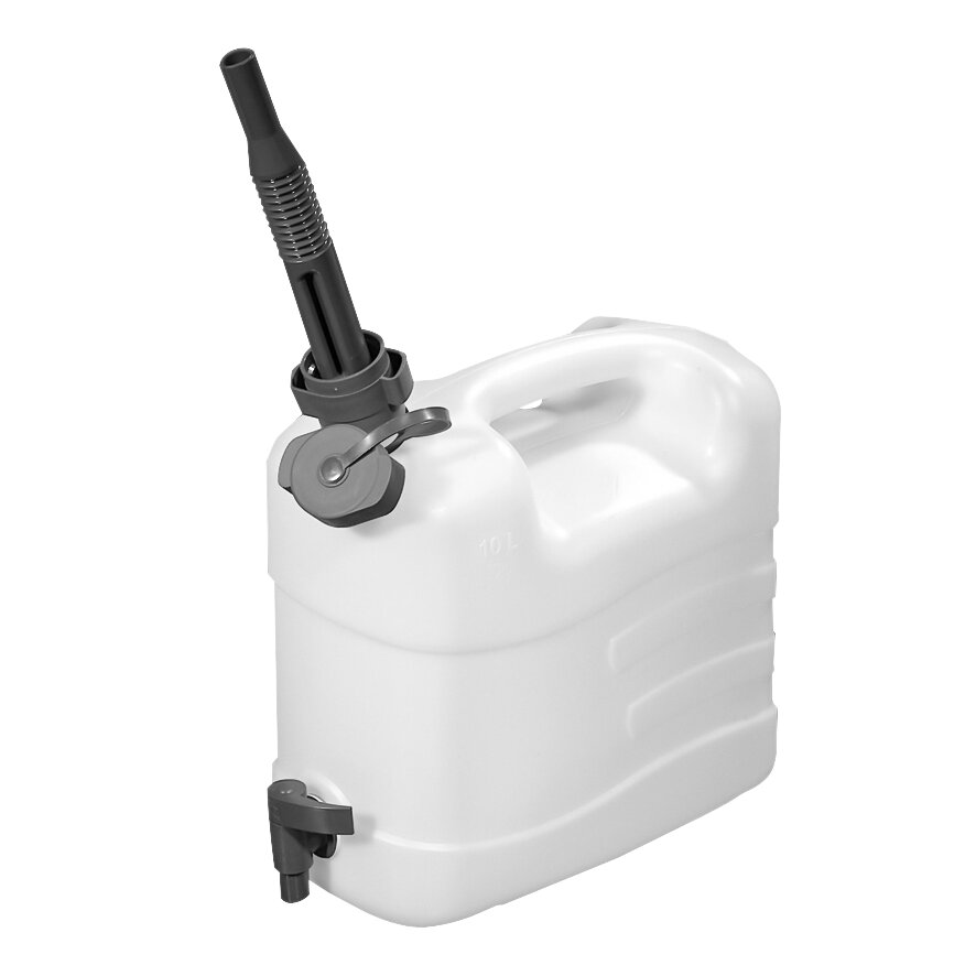 Combi Wasserkanister, 10 l, aus weißem Kunststoff mit Griff, schwarzem Auslaufrohr mit Rippen und grauer Verriegelung, sowie grauer Verschluss