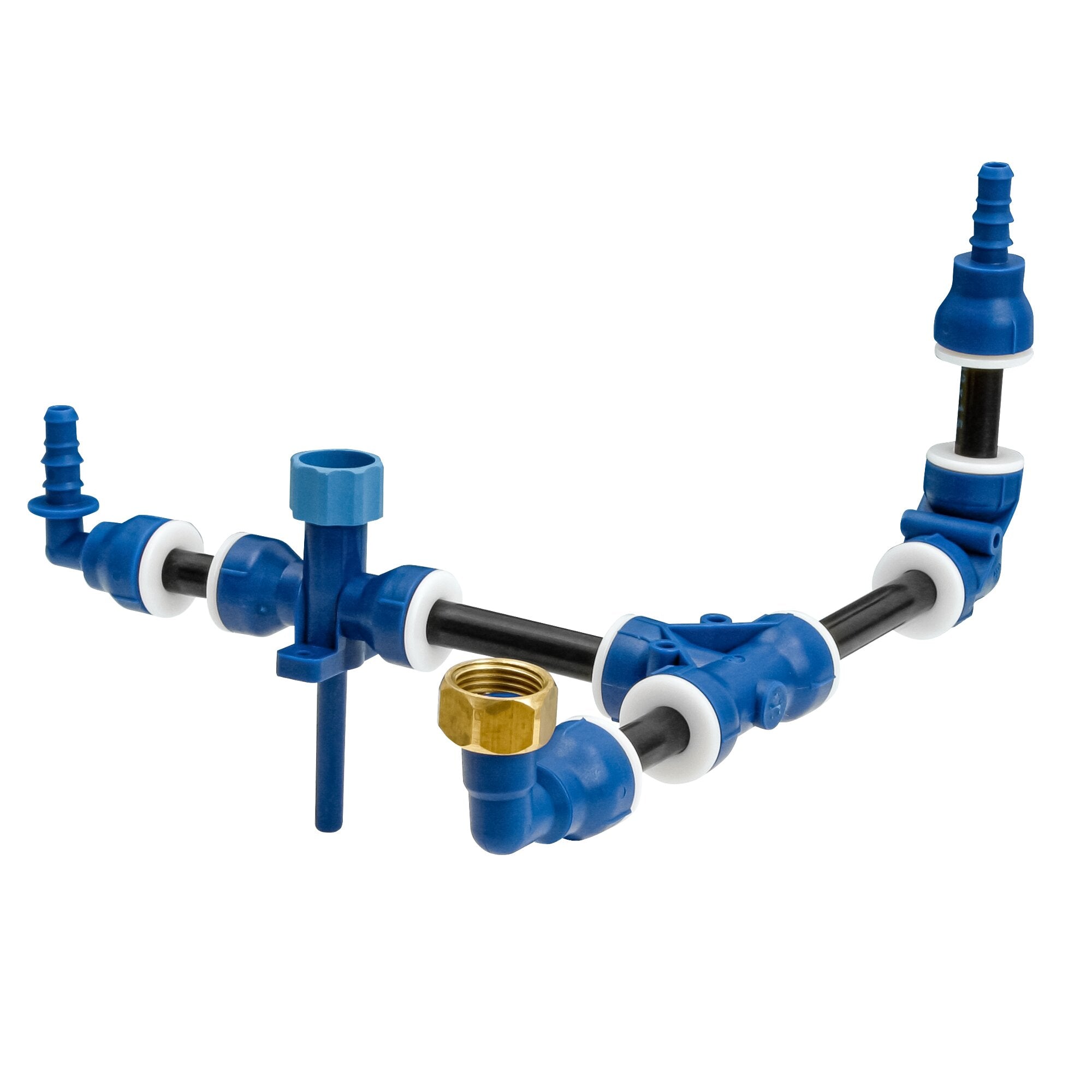 Detailaufnahme eines blauen ½-Zoll UniQuick Verbindungssystems mit Verschraubung, weißen Dichtungen und Messingmutter am Rohr