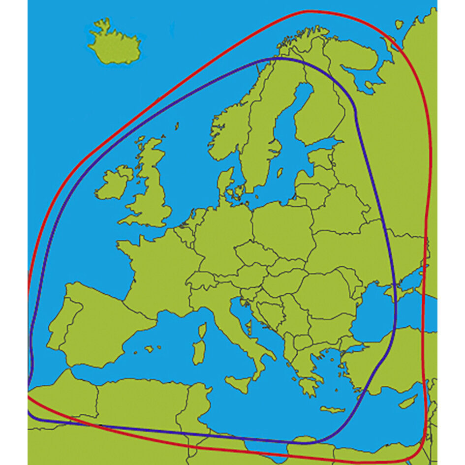 Schematische Karte Europas mit grünem Kontinent und blauem Meer, überlagert von zwei Linien in Rot und Lila, die Satellitenabdeckung darstellen