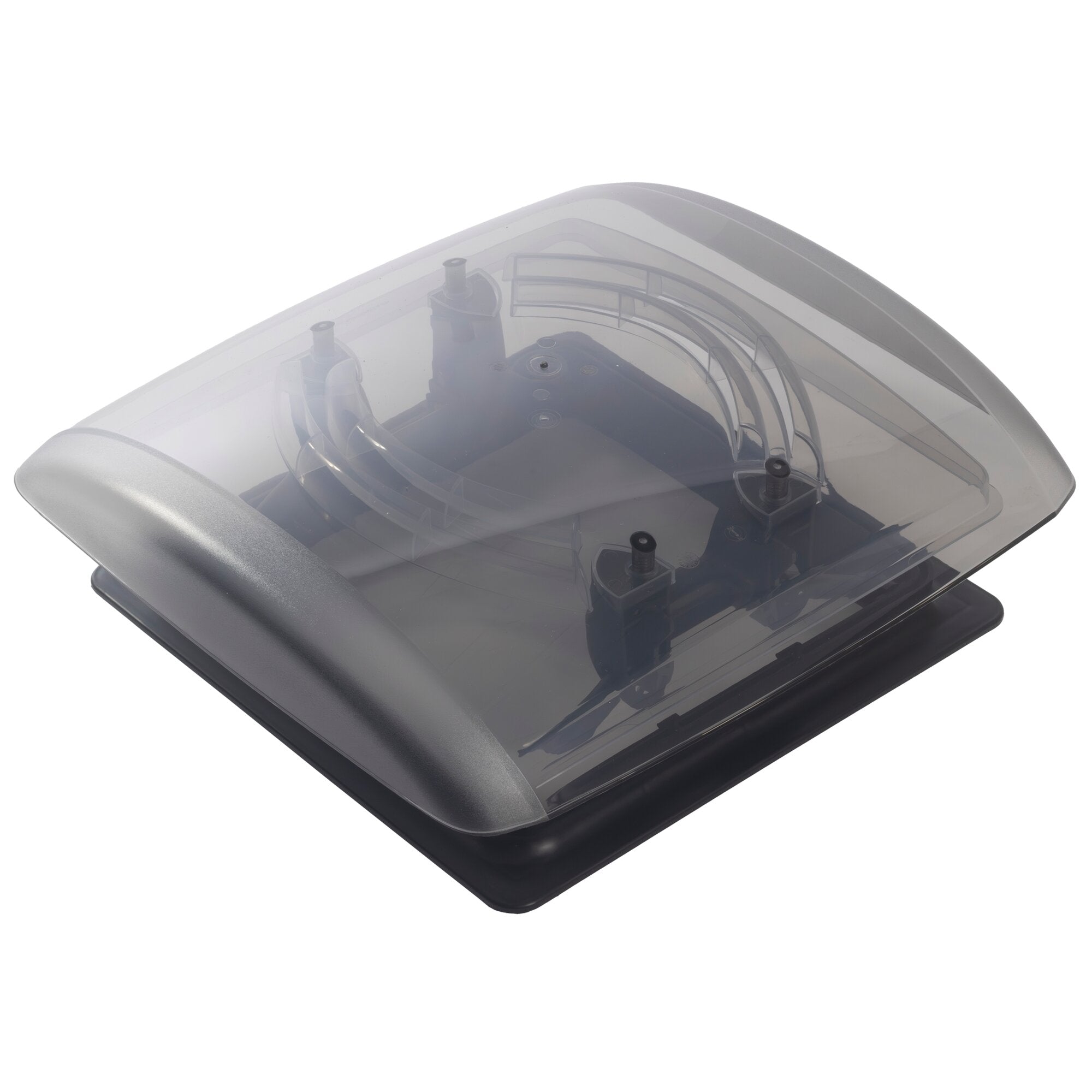 Nahaufnahme einer schwarzen Dachhaube VisionVent S Pro mit dunkler, transparenter Haube; sichtbare Befestigungspunkte und Innenmechanik