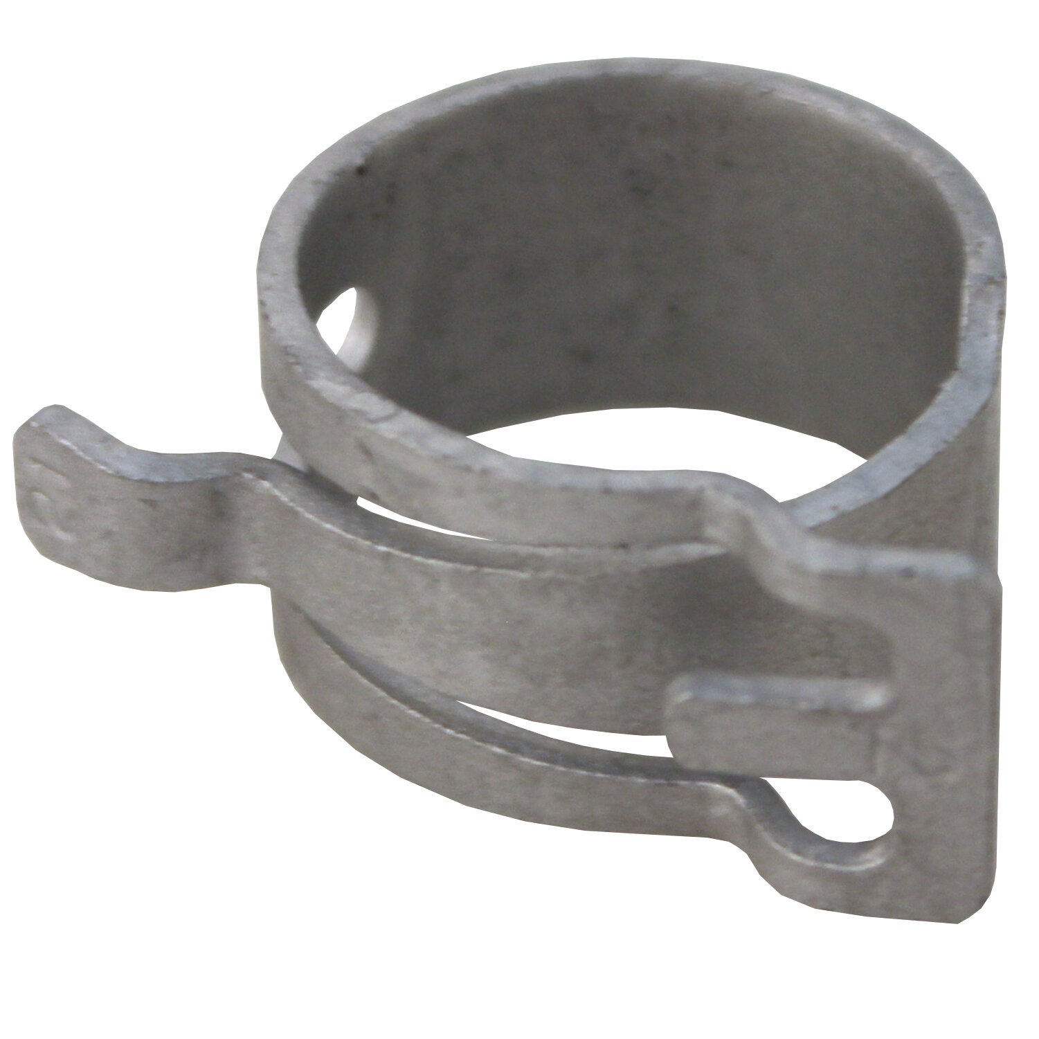 Nahaufnahme einer entspannten Federbandschelle aus Metall mit 16 mm Innenmaß, silbergrau, offene Rundklemme im Detail