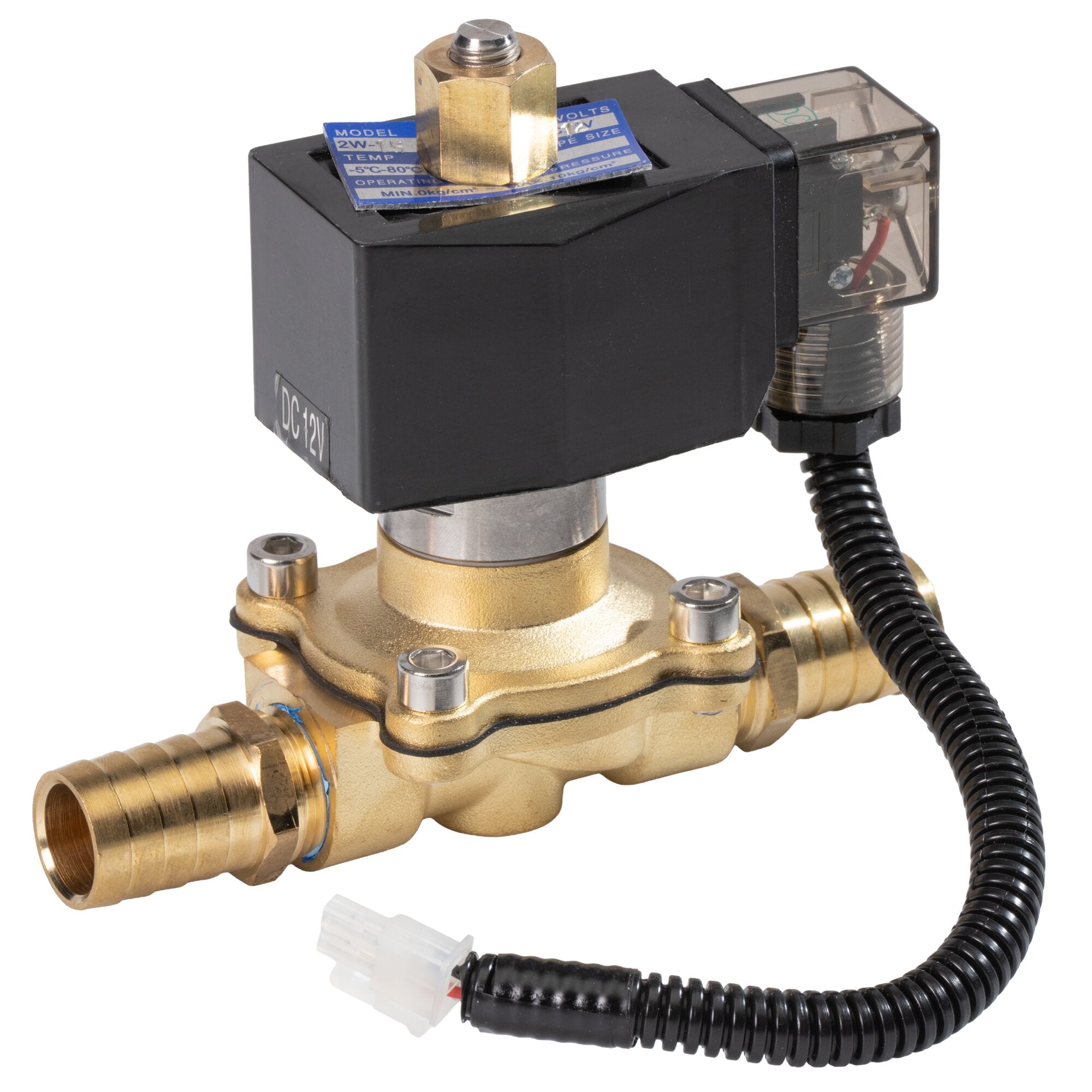Detailaufnahme eines Magnetventils mit Messingkörper, schwarzer Solenoid-Einheit, transparenter Abdeckung, blauem Typenschild und flexibler Kabelleitung