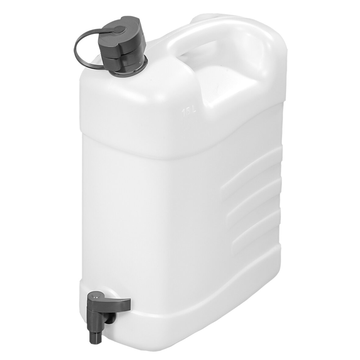 Weißer Combi Wasserkanister 15 l mit Traggriff, grauem Schraubdeckel mit Ring, seitliche Rippen, unten Auslaufhahn