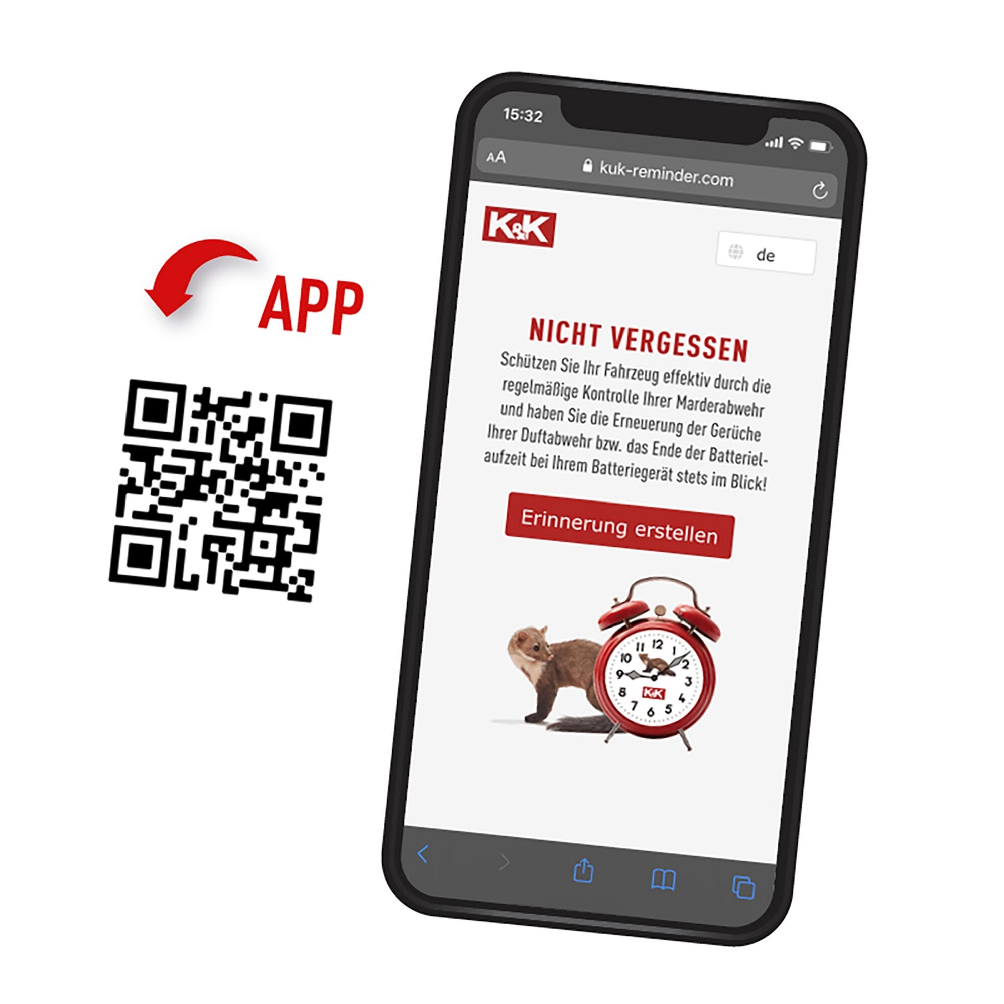 Smartphone-Bildschirm zeigt kuk-reminder Webseite mit NICHT VERGESSEN in roter Schrift, QR-Code links, rotem Logo und rotem Button Erinnerung erstellen; daneben eine rote Weckeruhr und ein kleines Nagetier